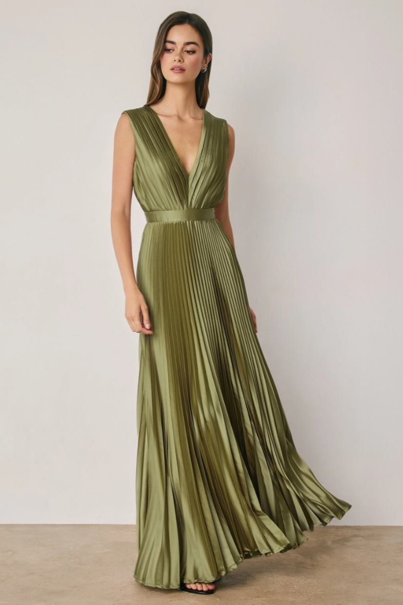 •MAEVE - MATCHA• pleated satin sleeveless maxi dress