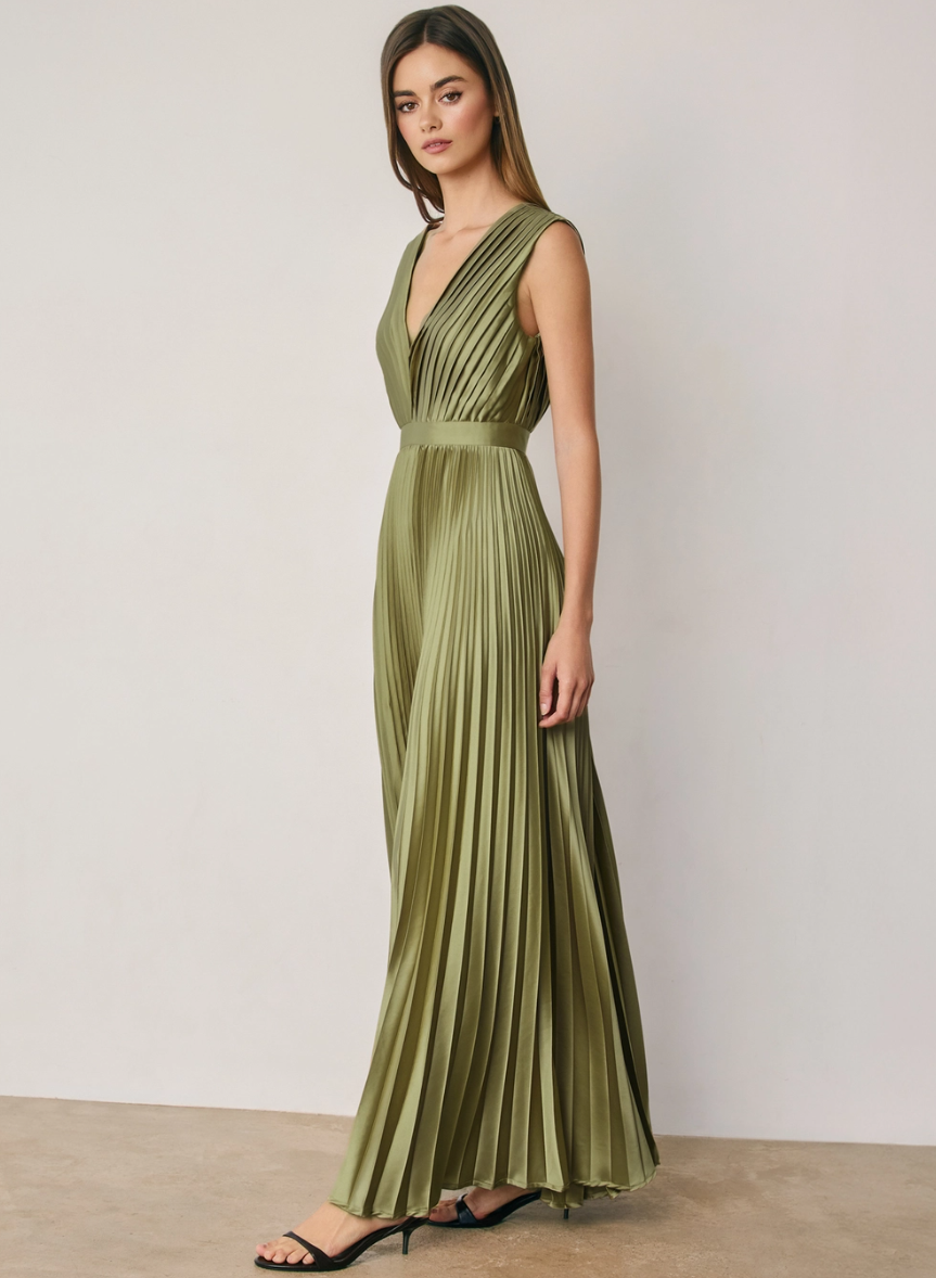 •MAEVE - MATCHA• pleated satin sleeveless maxi dress
