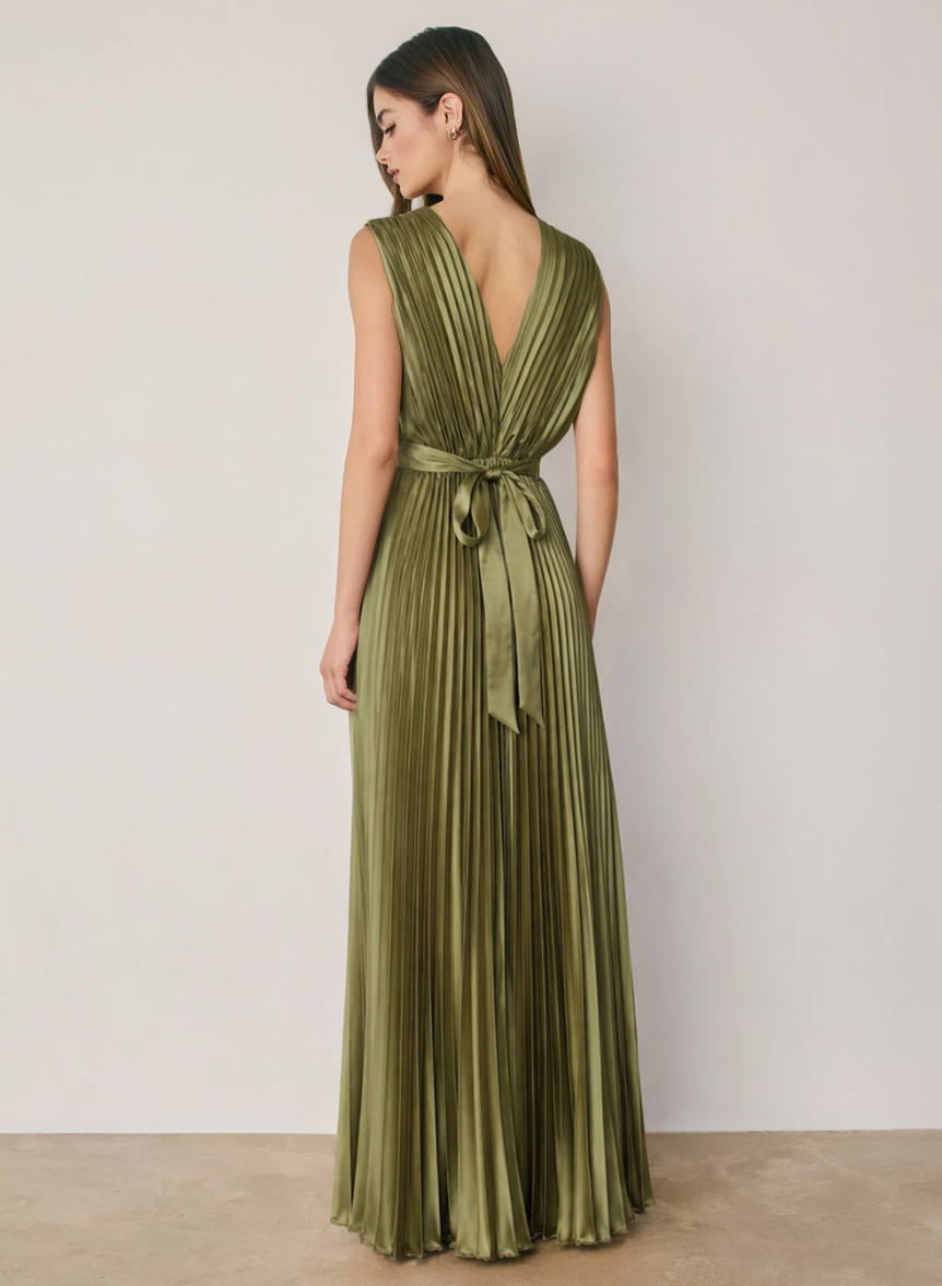 •MAEVE - MATCHA• pleated satin sleeveless maxi dress