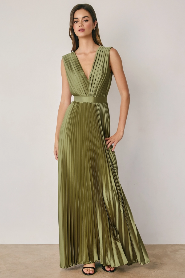 •MAEVE - MATCHA• pleated satin sleeveless maxi dress