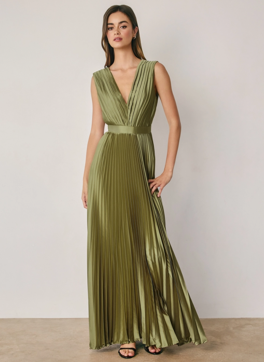•MAEVE - MATCHA• pleated satin sleeveless maxi dress