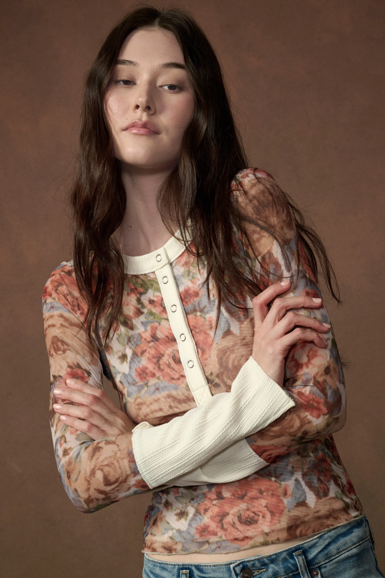 •PHOEBE - HENLEY• floral mesh top