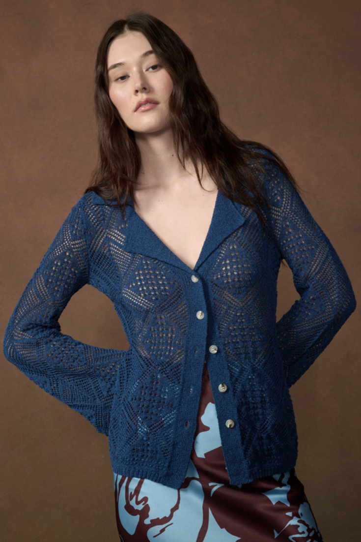 •MONTANA - INDIGO• pointelle knit bell sleeve cardigan / top