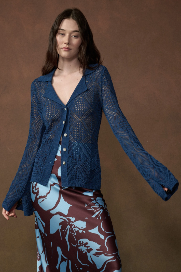 •MONTANA - INDIGO• pointelle knit bell sleeve cardigan / top