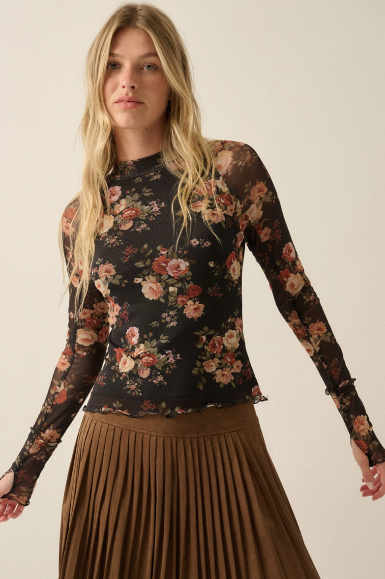 •HARLOWE• semi-sheer mesh floral top