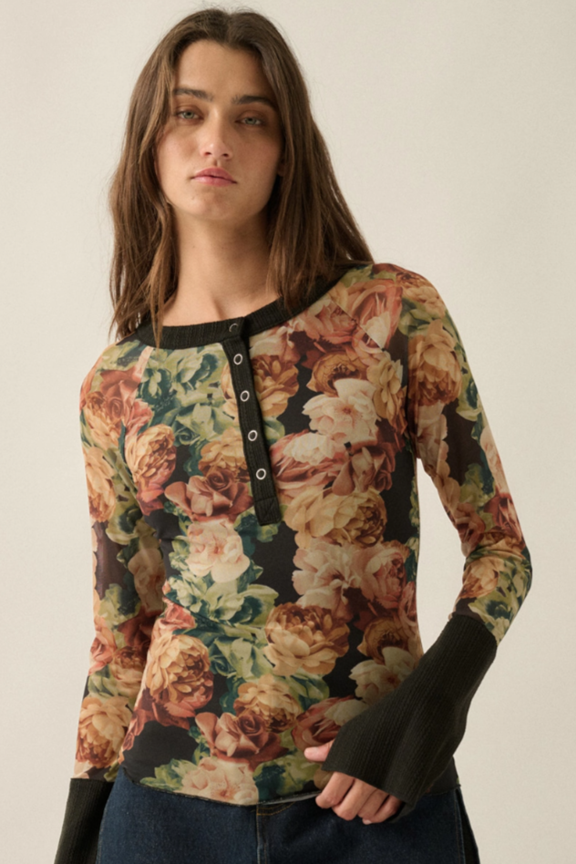 •AMORET - HENLEY• floral mesh top