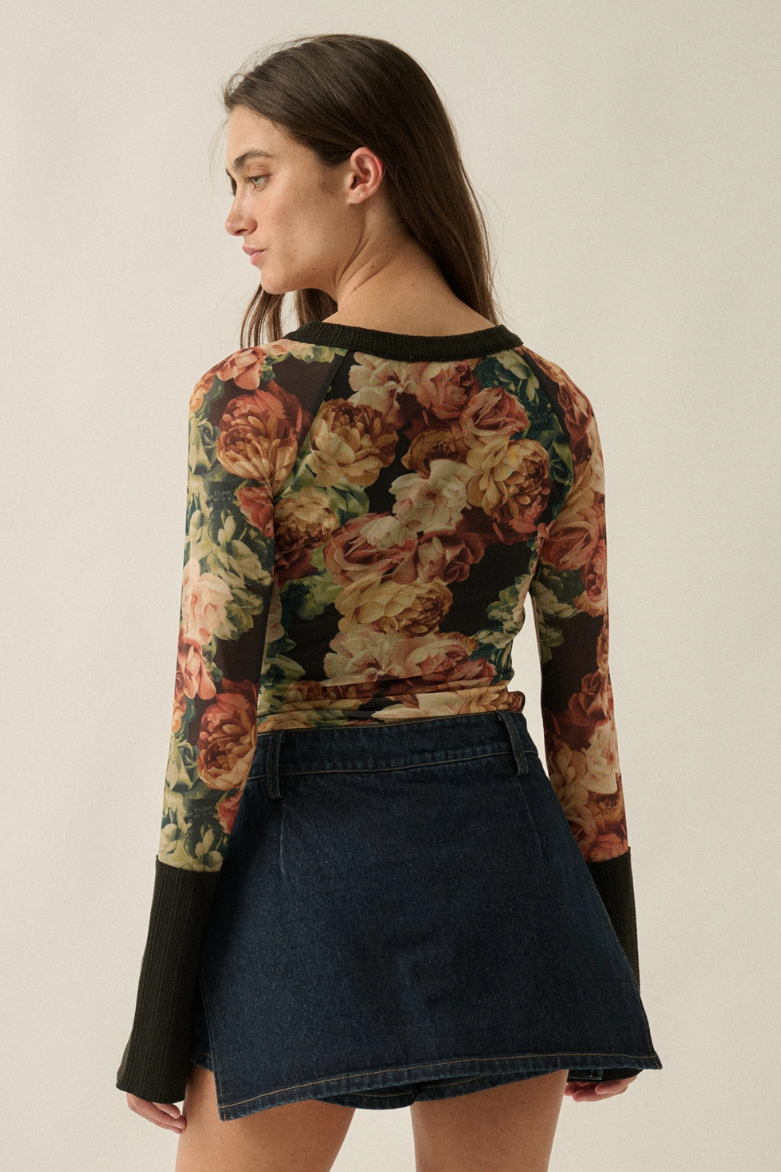 •AMORET - HENLEY• floral mesh top