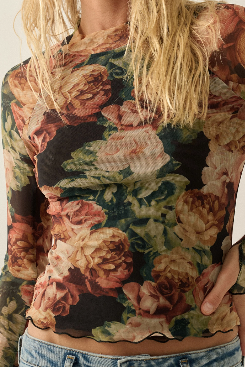 •AMORET• semi-sheer mesh floral top