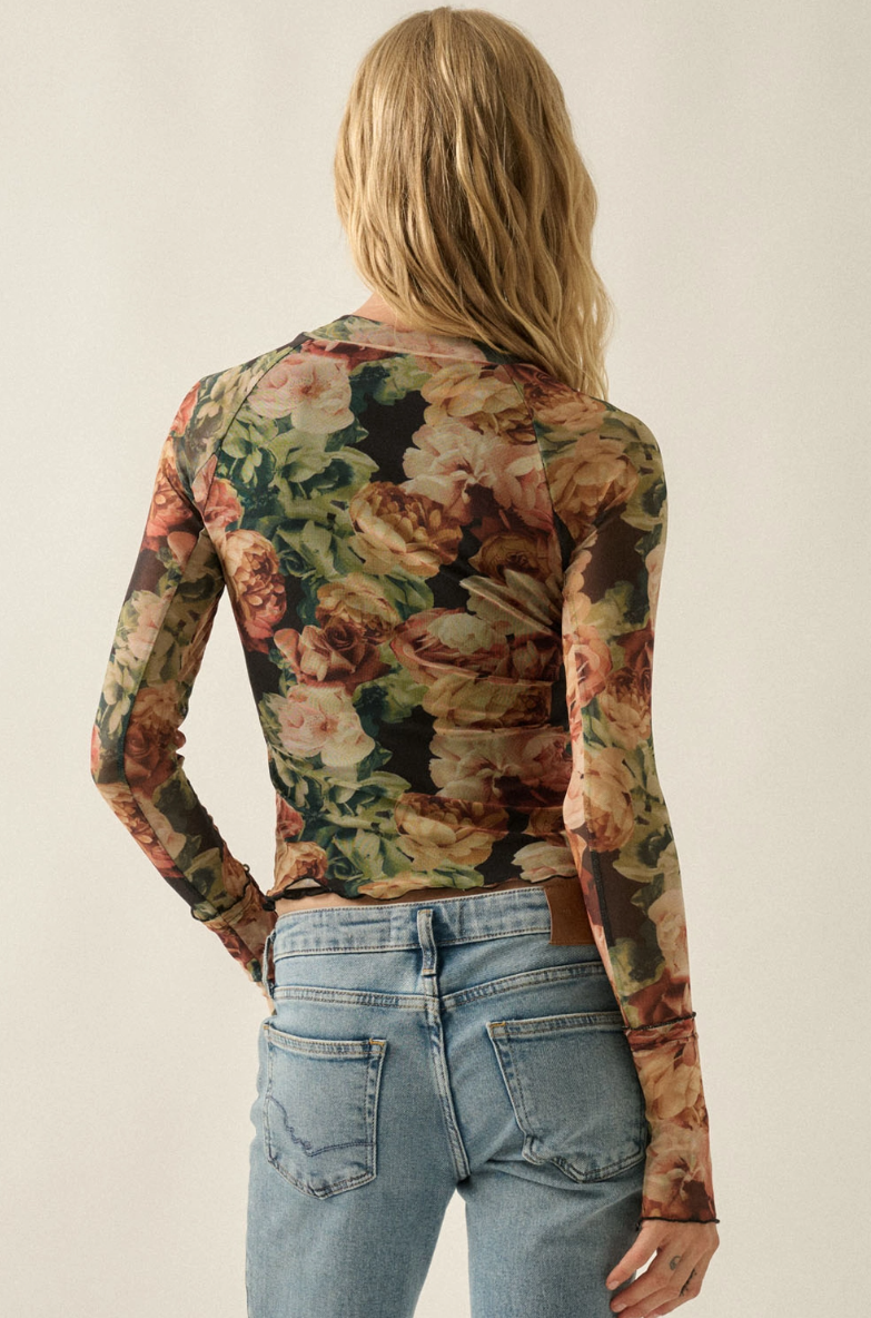 •AMORET• semi-sheer mesh floral top