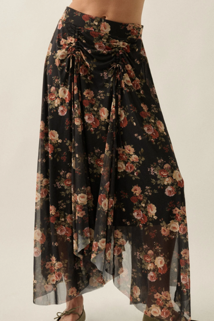 •HARLOWE• ruched mesh witchy hem midaxi skirt