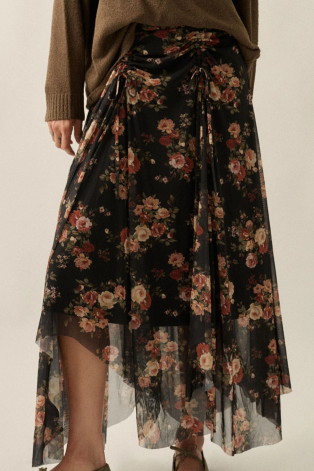 •HARLOWE• ruched mesh witchy hem midaxi skirt
