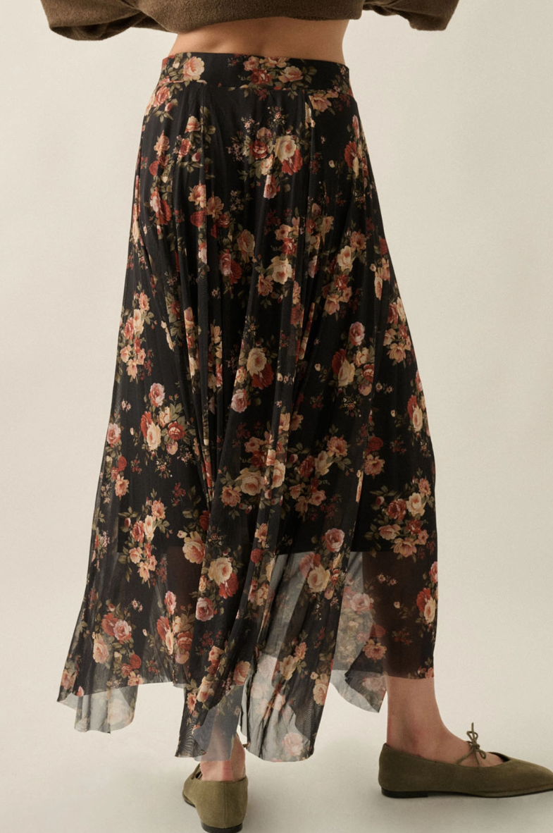 •HARLOWE• ruched mesh witchy hem midaxi skirt
