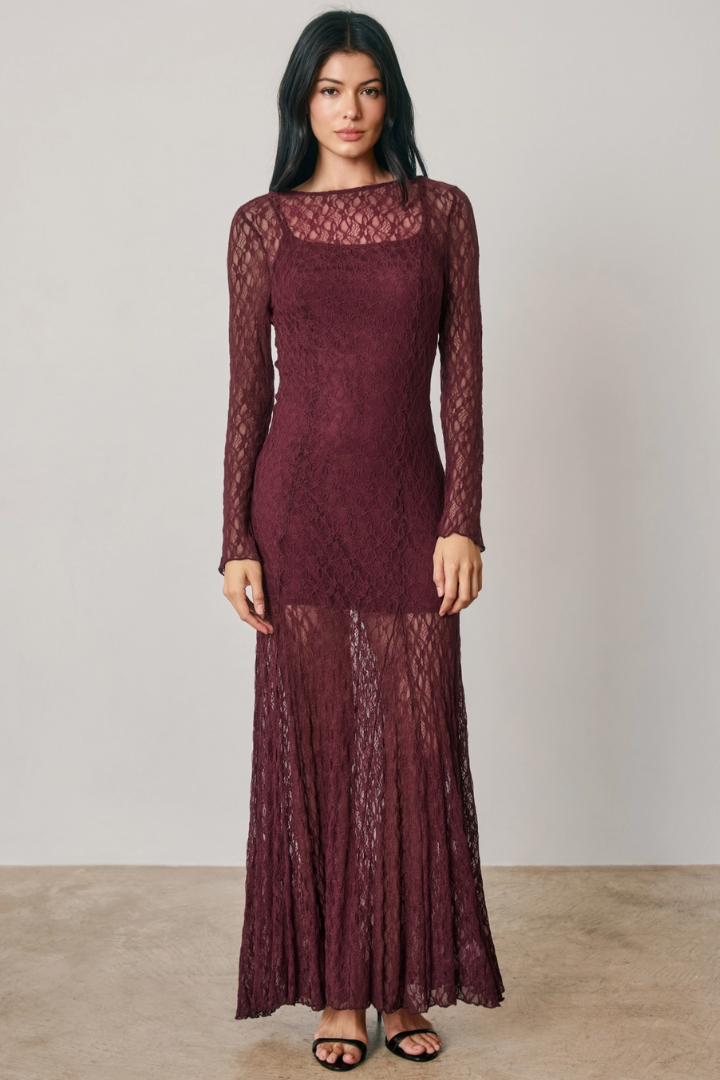 •FLORENCE - SANGRIA• long sleeve lace maxi dress