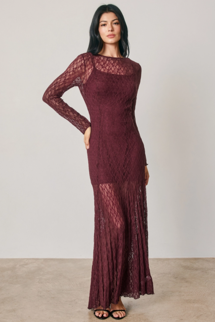 •FLORENCE - SANGRIA• long sleeve lace maxi dress