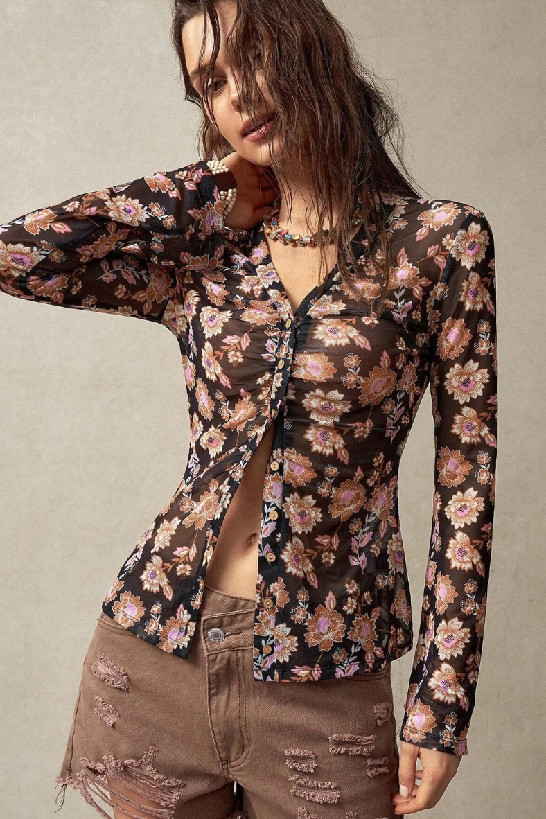 •MARIGOLD• floral semi-sheer button down top
