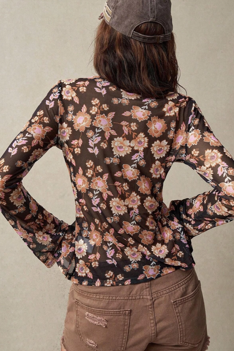 •MARIGOLD• floral semi-sheer button down top
