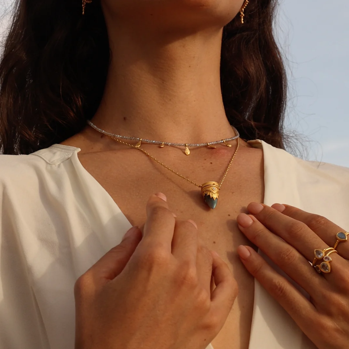 •GUIDING SPIRIT• labradorite + topaz gold locket necklace (18"-21" long)