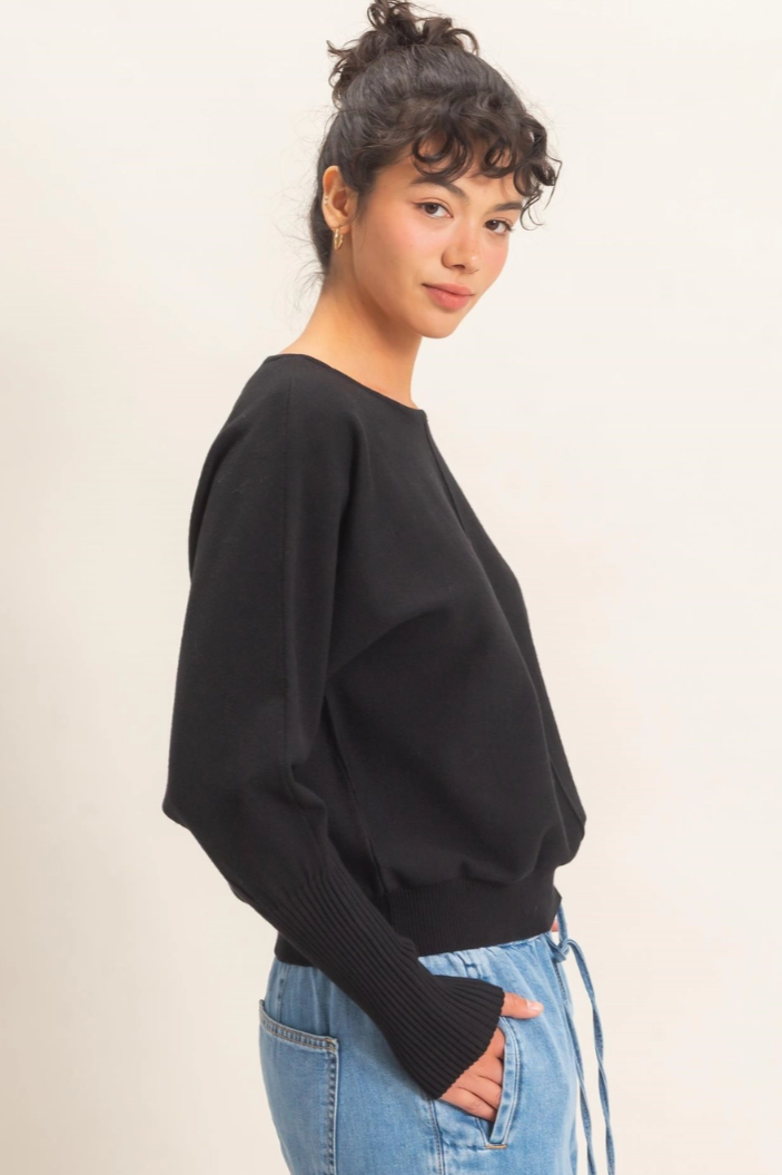 •RACHEL - BLACK• exposed seam batwing sweater