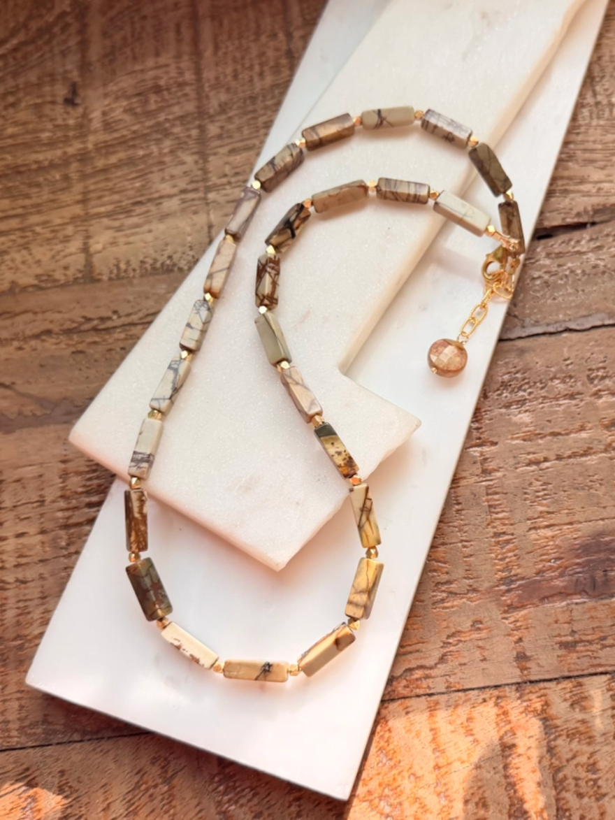 •LIL' CUBOIDS• red creek jasper + gold beaded necklace (16.5"-18" long)