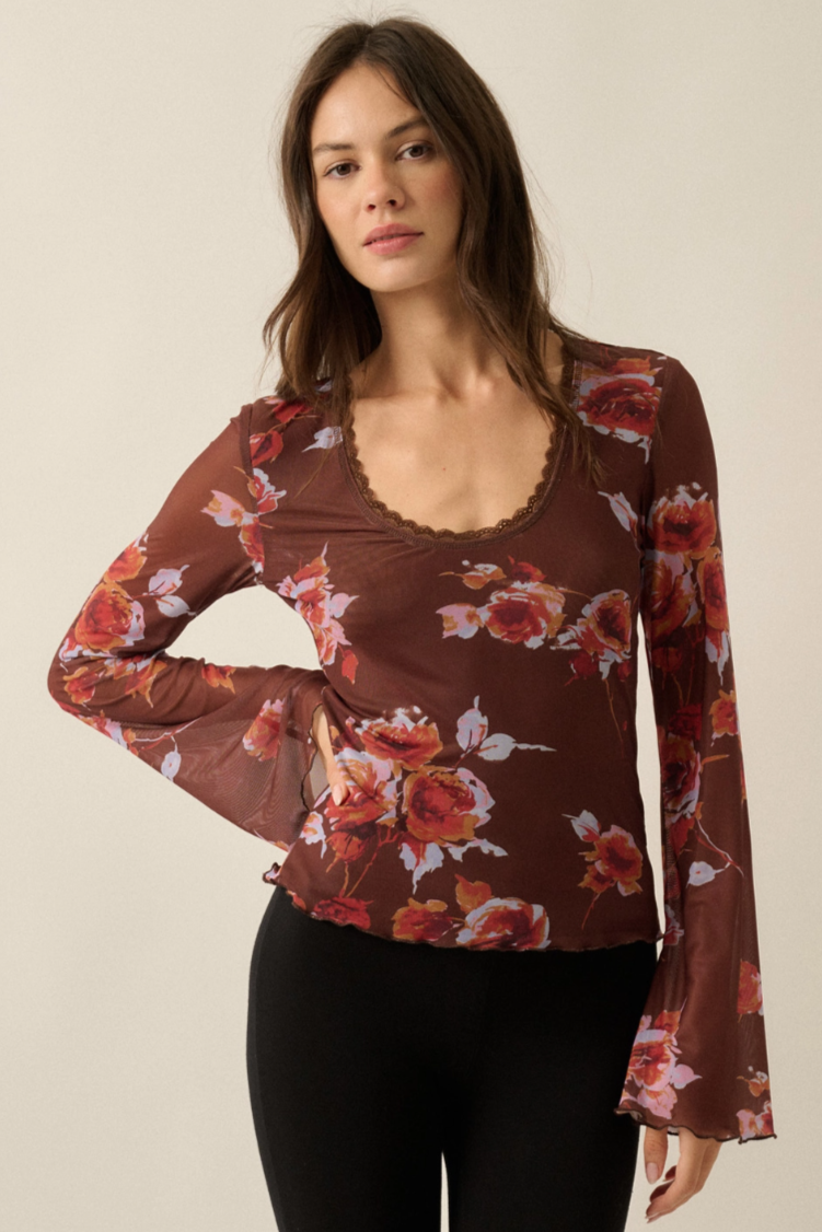 •CLEO• semi-sheer scoop neck bell sleeve top