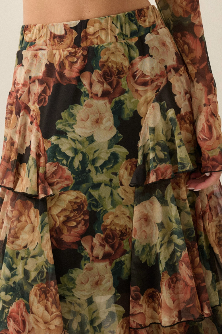 •AMORET• floral mesh tiered maxi skirt