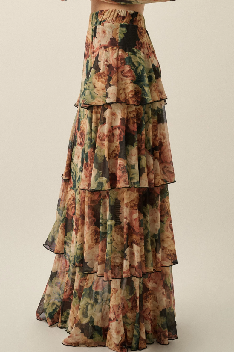 •AMORET• floral mesh tiered maxi skirt