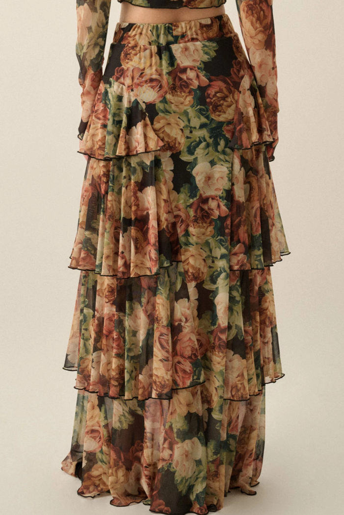 •AMORET• floral mesh tiered maxi skirt