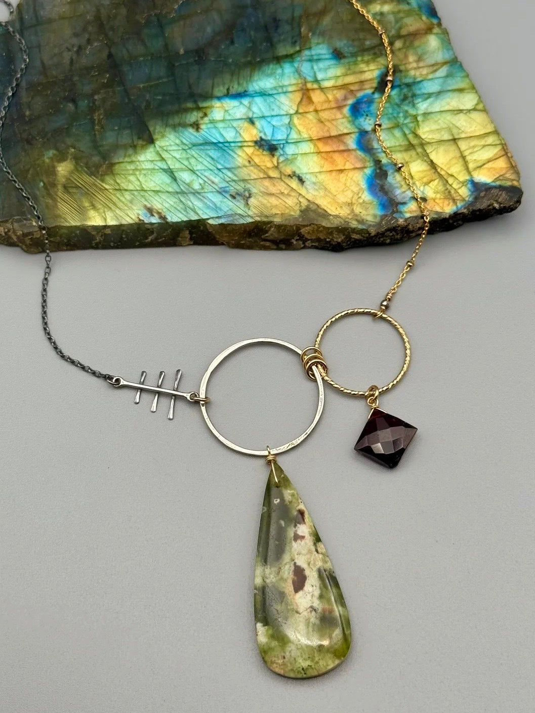 •UNION - INVOKE• chrome chalcedony + garnet mixed metal necklace (18"-20" long)