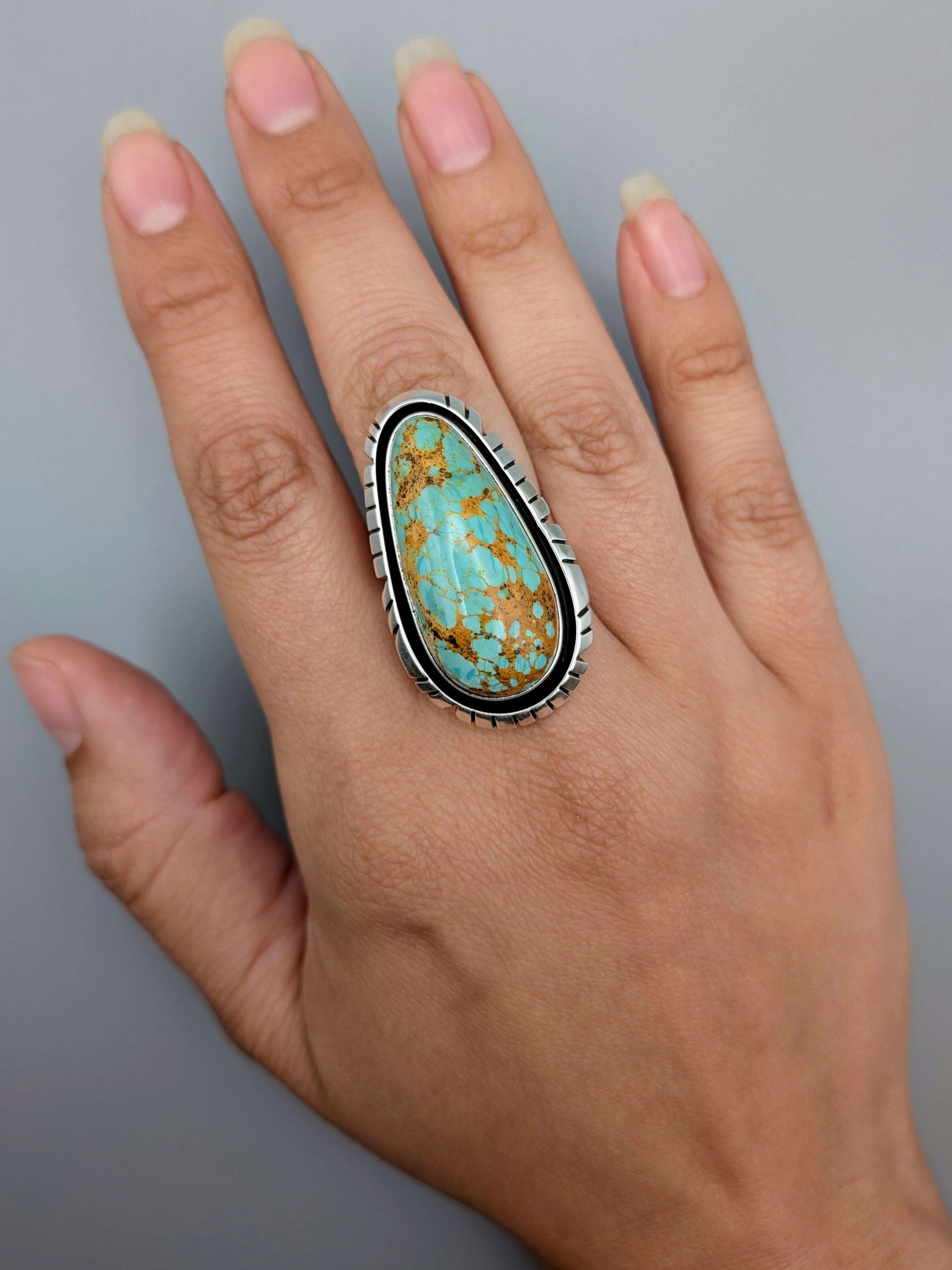 •KINGMAN TURQUOISE - ATSAH• Navajo silver ring (size 8.25)