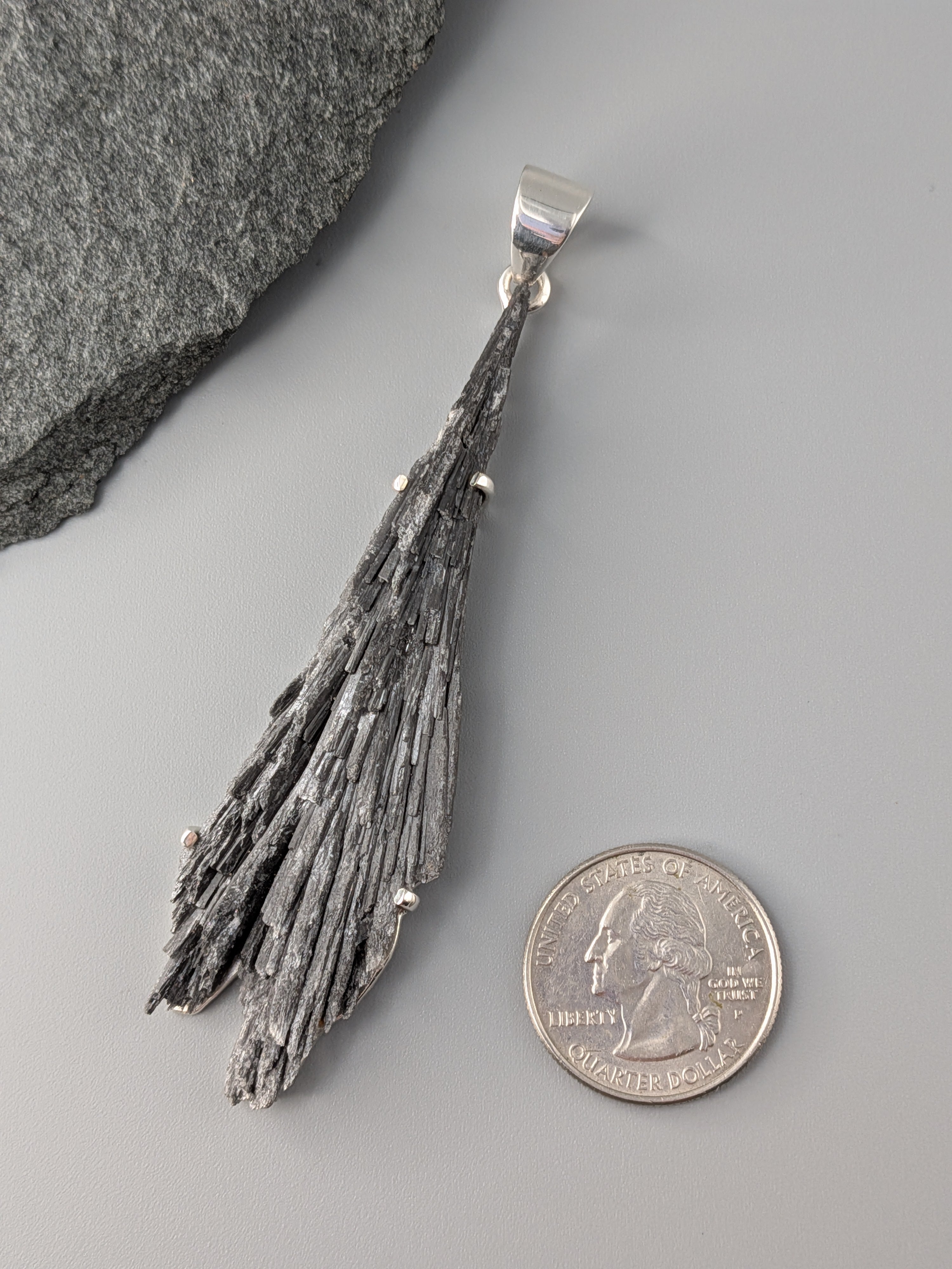•BLACK KYANITE FAN - 2• sterling silver pendant