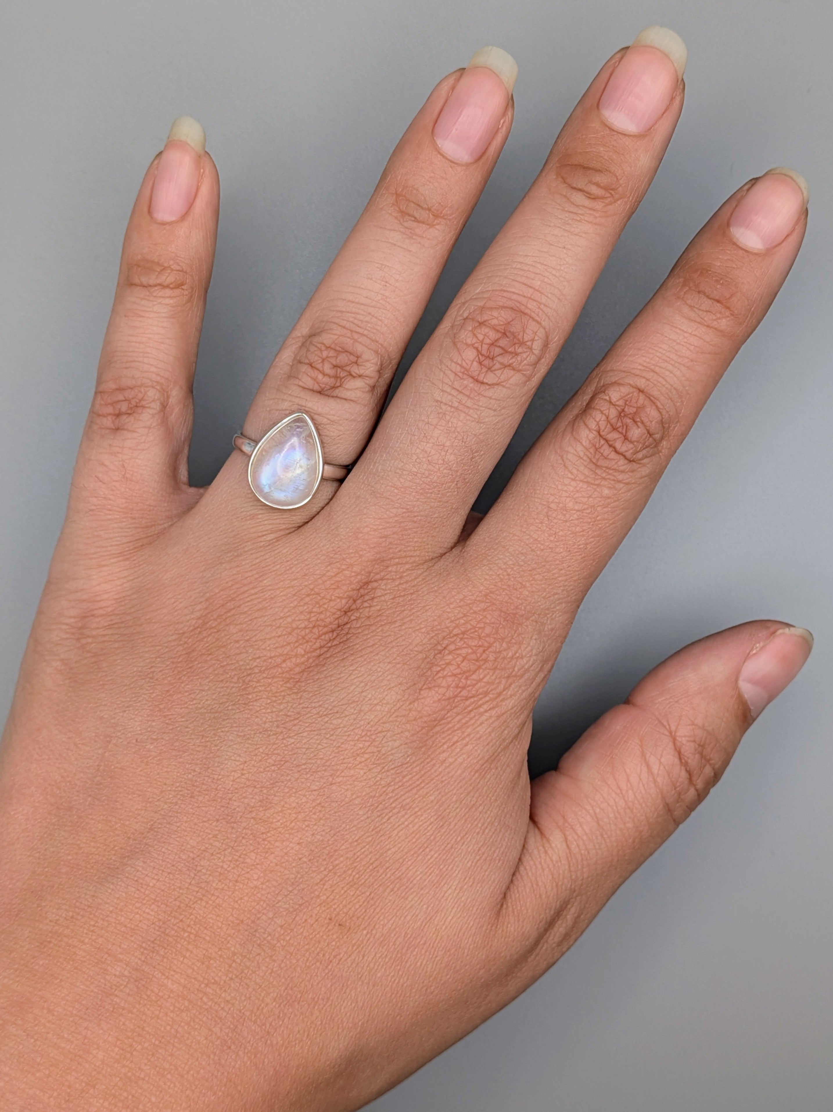 •RAINBOW MOONSTONE - SMALL TEAR - 2• simple bezel silver ring (size 6)