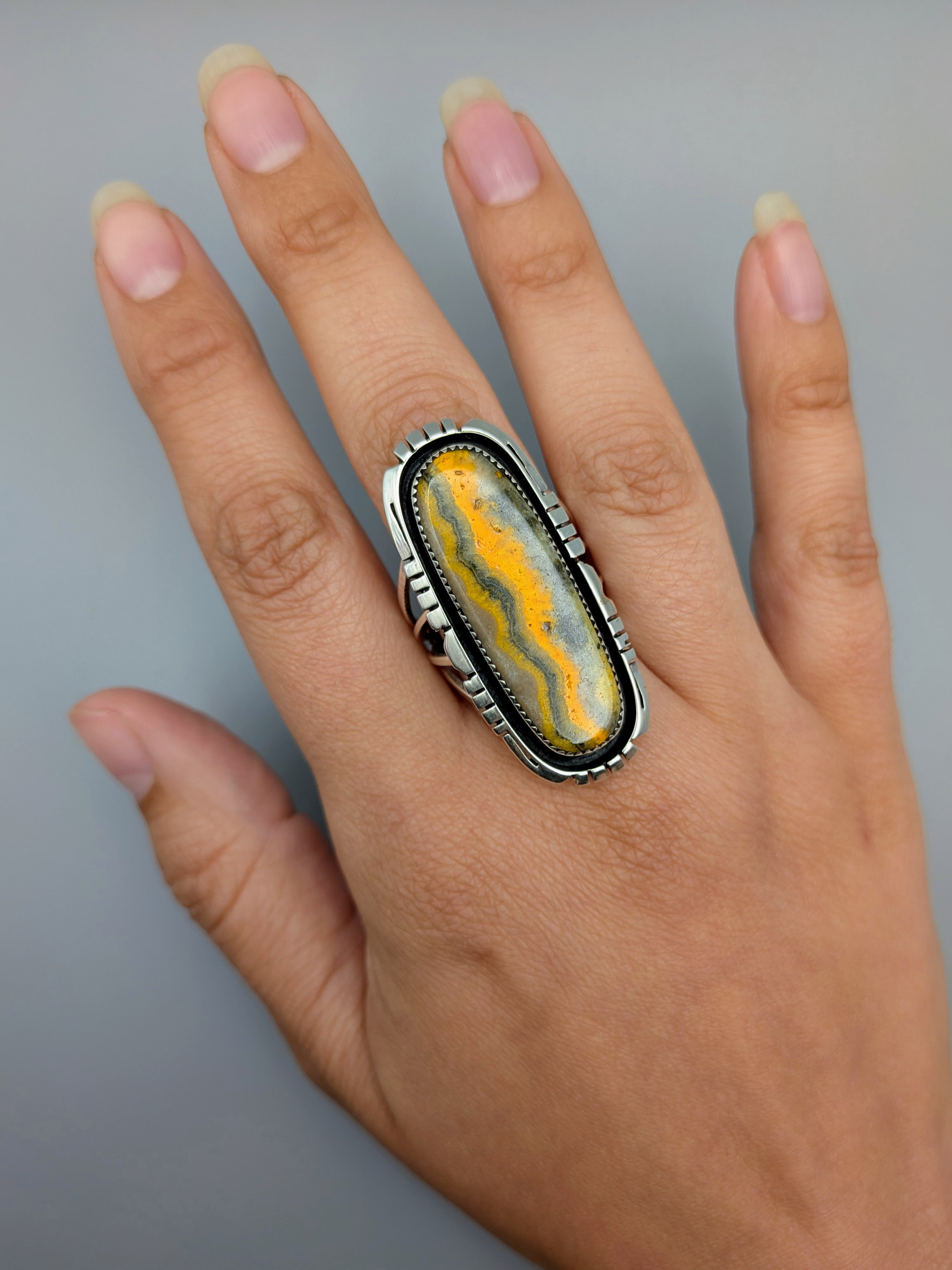 •BUMBLEBEE JASPER - STORM• Navajo silver ring (size 10)