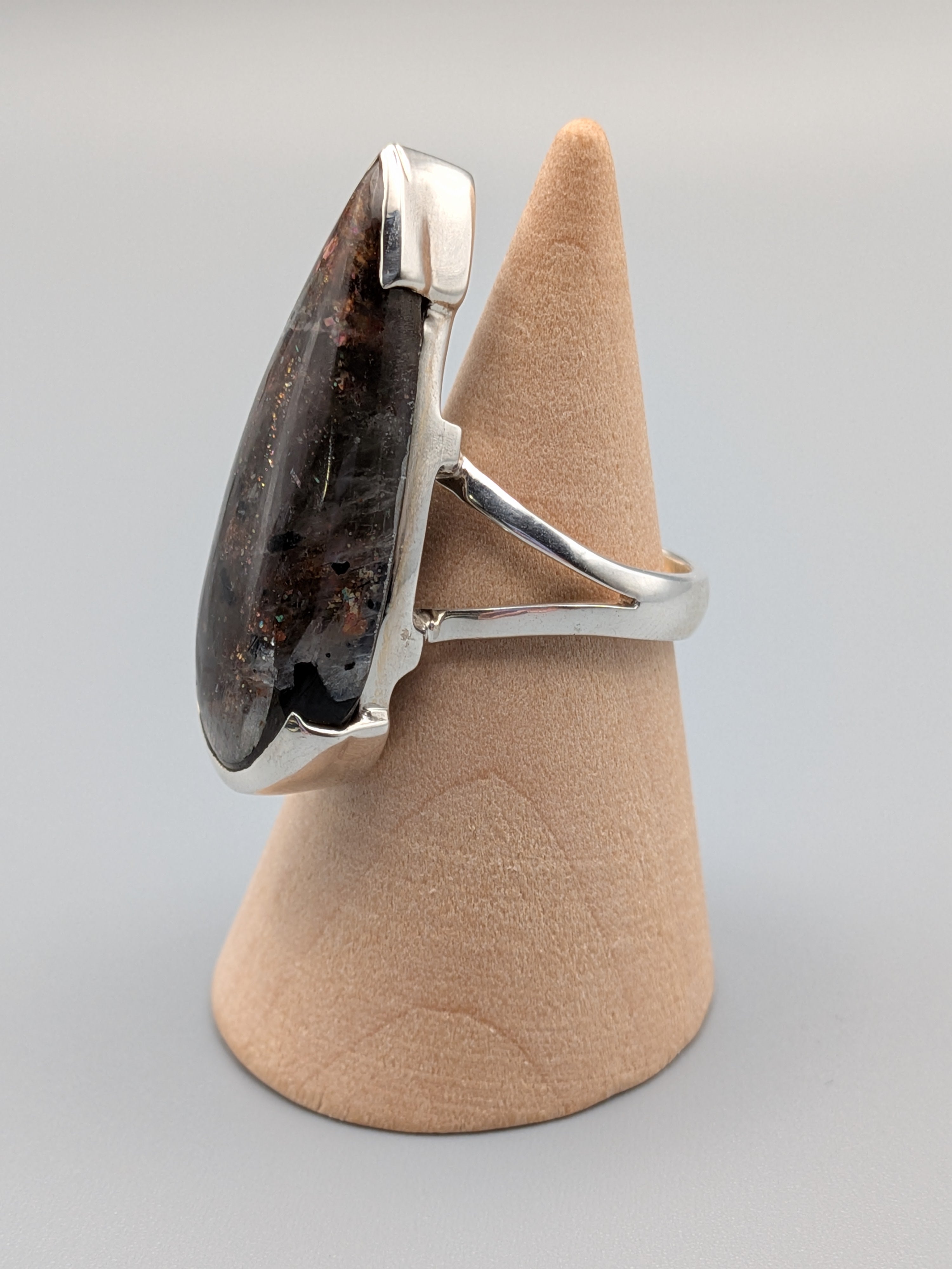 •BLACK SUNSTONE - TEARDROP• bezel capped silver ring (size 6.75)