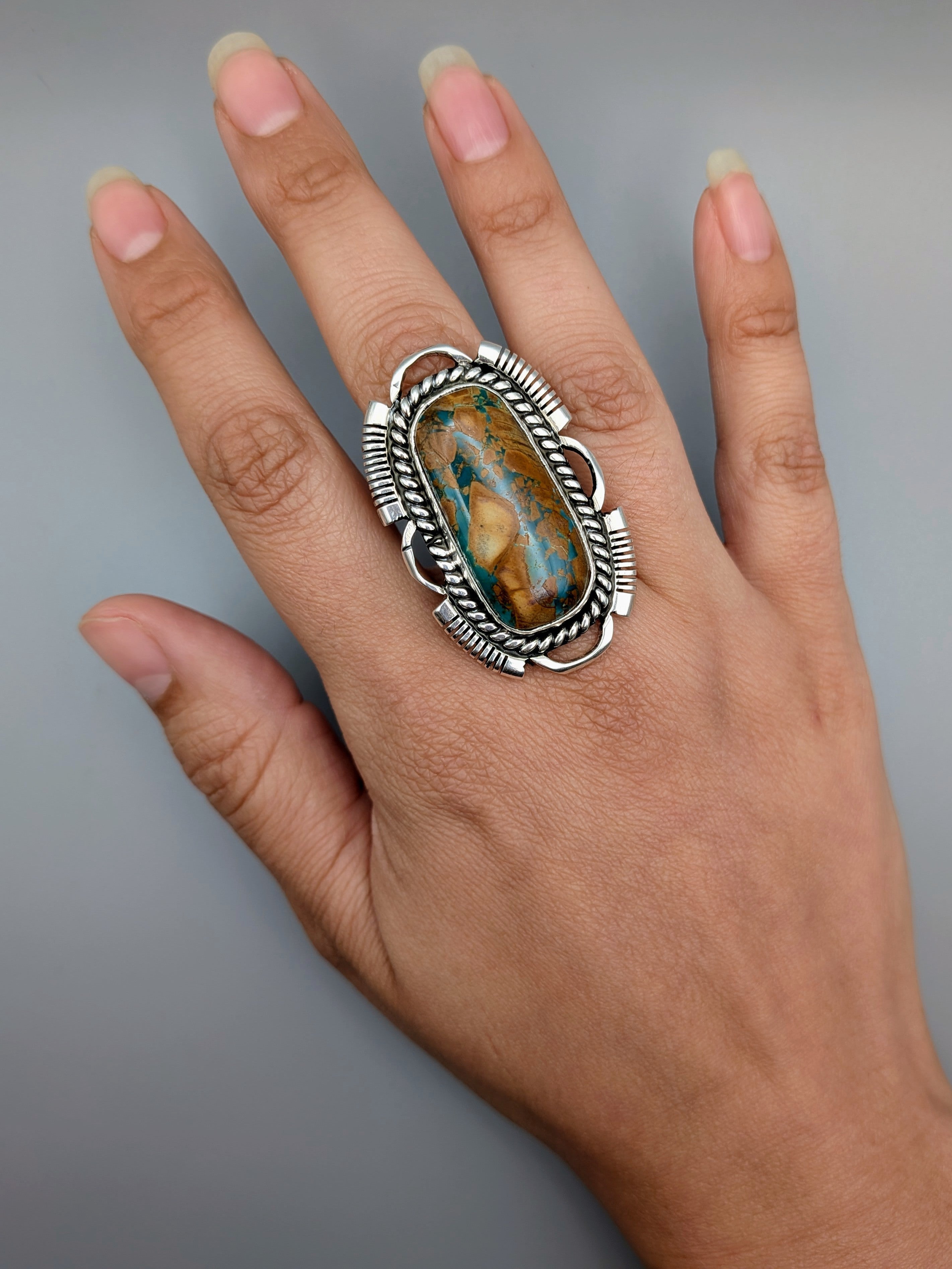 •BOULDER TURQUOISE - MOUNTAIN SPIRIT• Navajo silver ring (size 7.5)