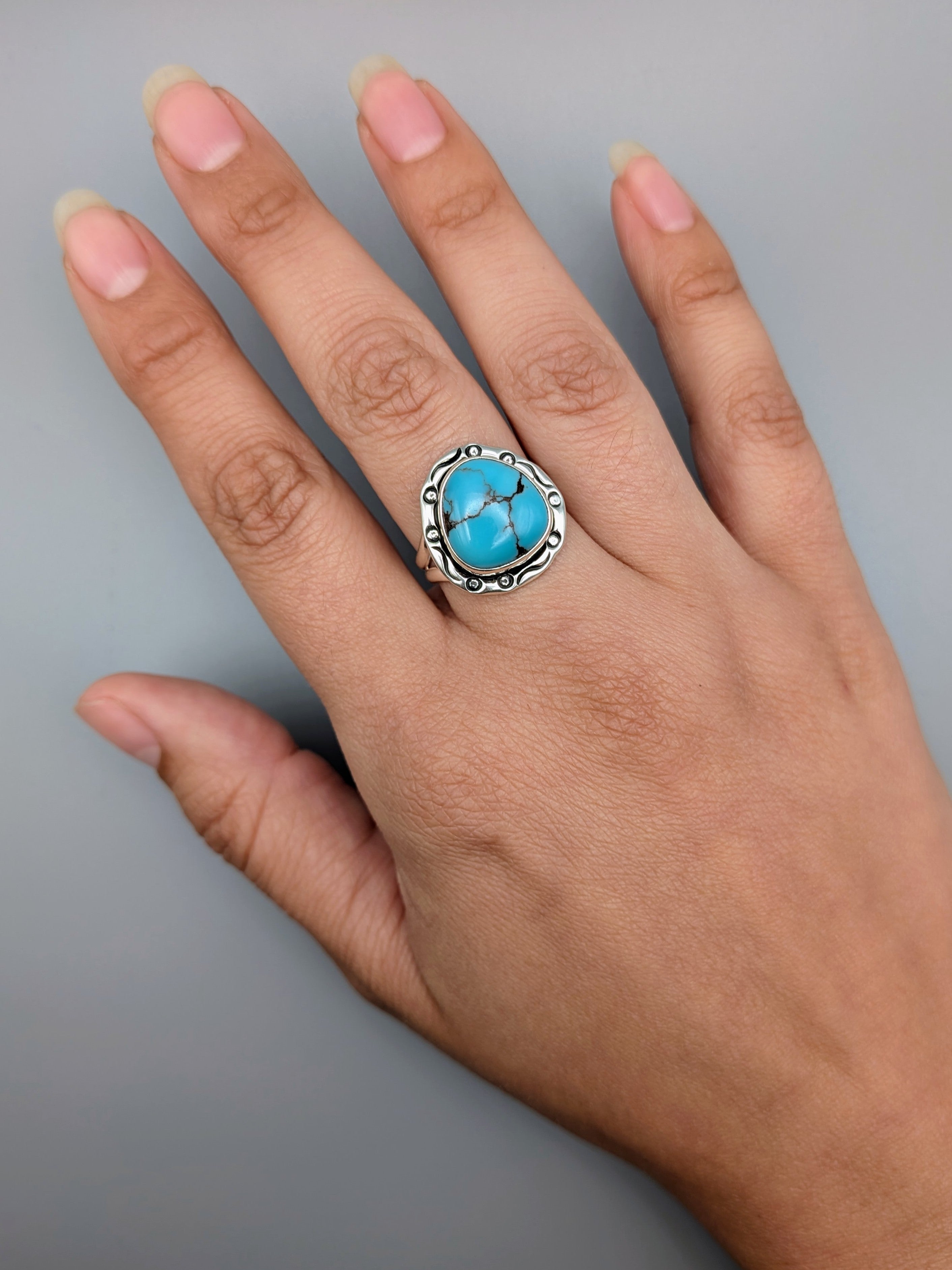 •EGYPTIAN TURQUOISE - SMUDGE• Navajo silver ring (size 8.5)
