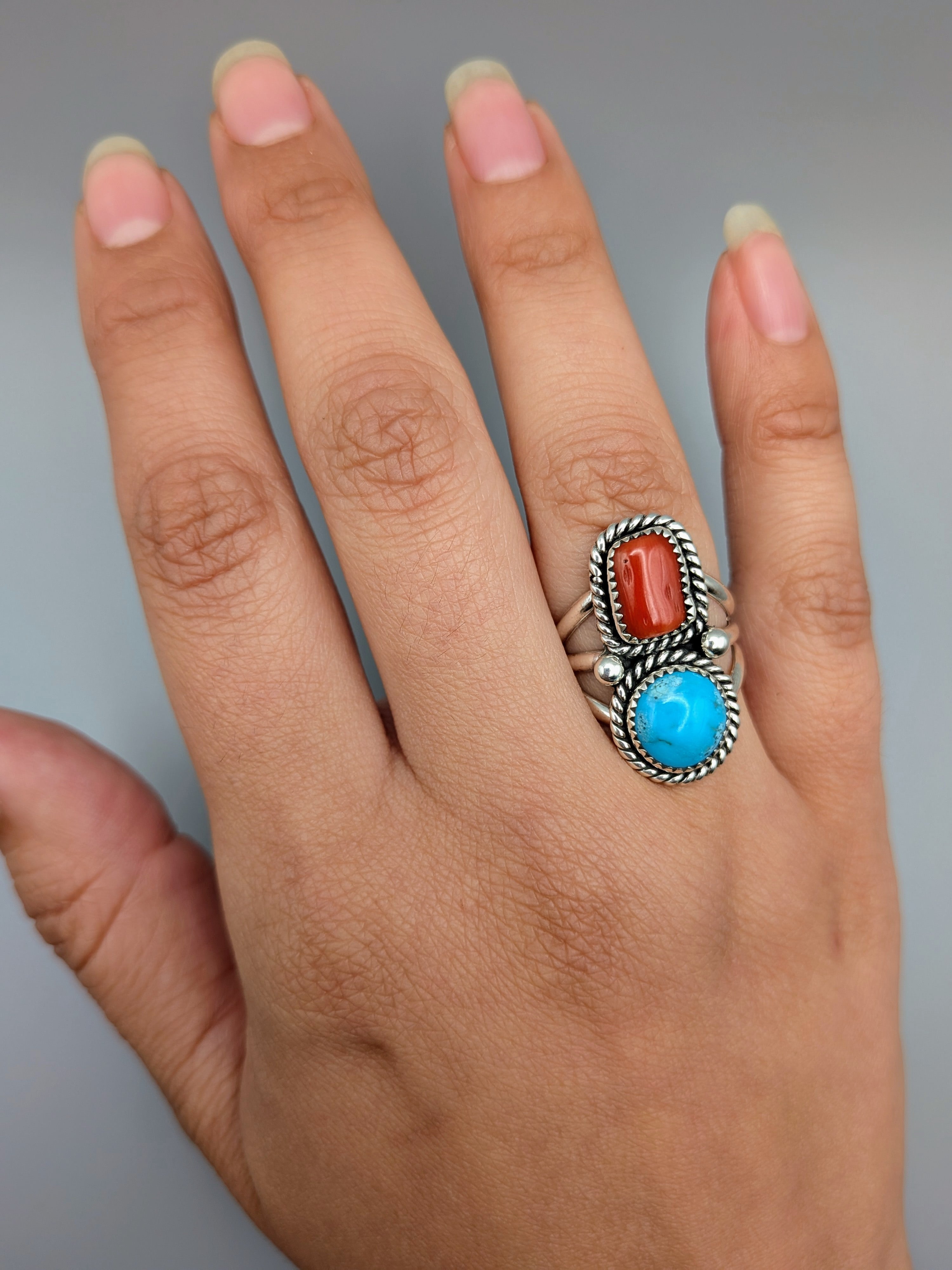 •KINGMAN TURQUOISE & CORAL - NAAKI• Navajo silver ring (size 7.25)