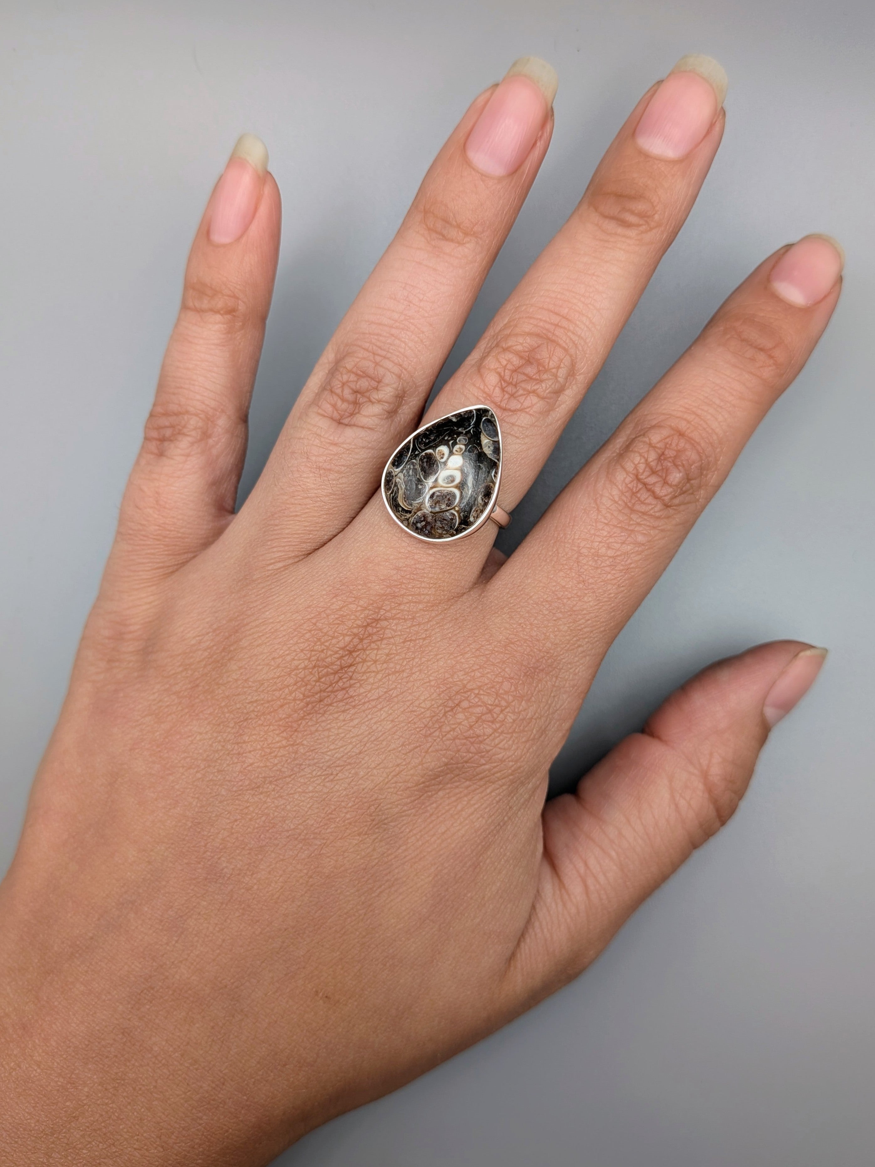 •TURRITELLA FOSSIL - TEAR• simple bezel silver ring (size 7)