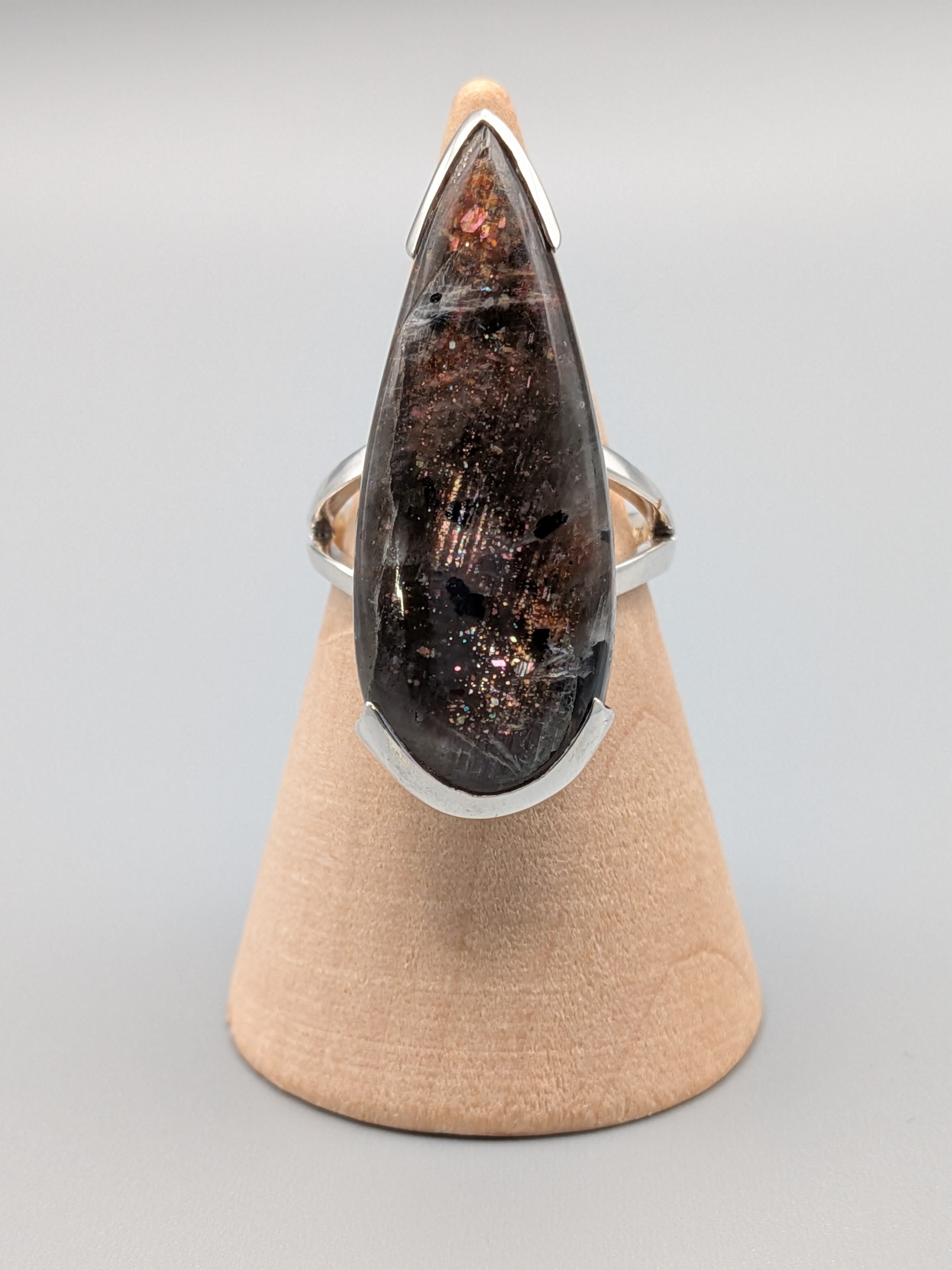 •BLACK SUNSTONE - TEARDROP• bezel capped silver ring (size 6.75)