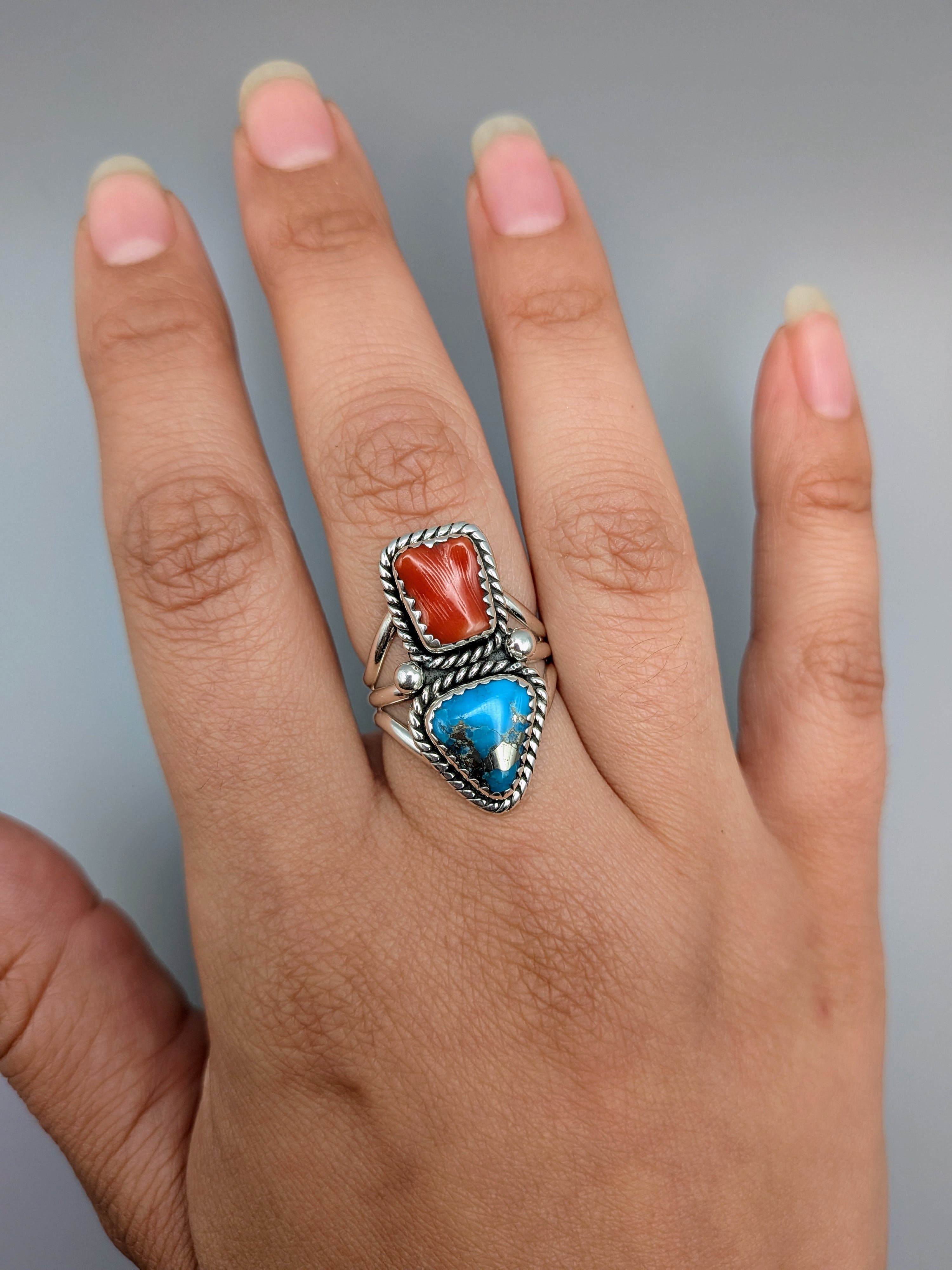 •PYRITIZED TURQUOISE & CORAL - NAAKI• Navajo silver ring (size 7.75)