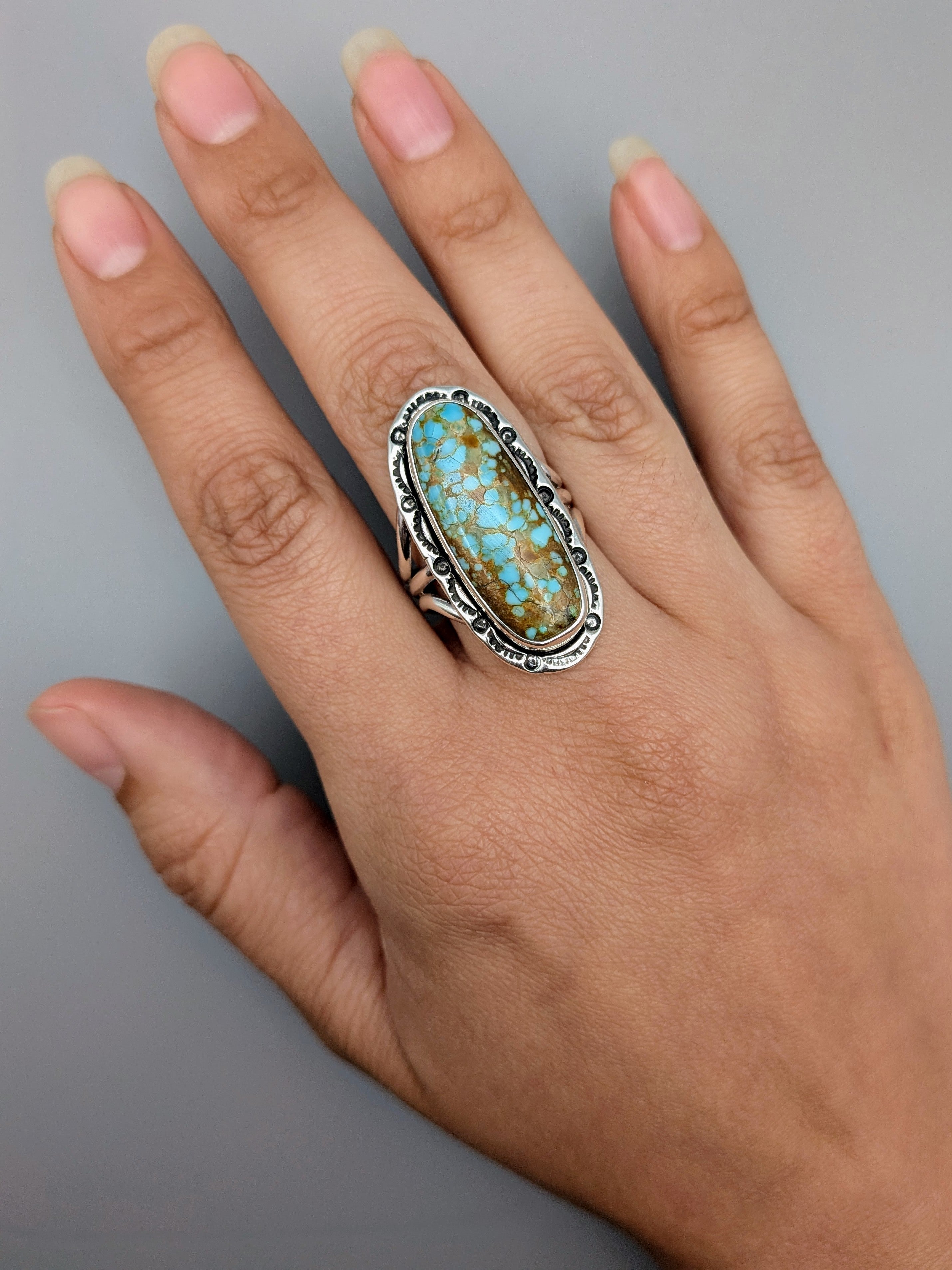 •#8 TURQUOISE - SHÁ• Navajo silver ring (size 10)