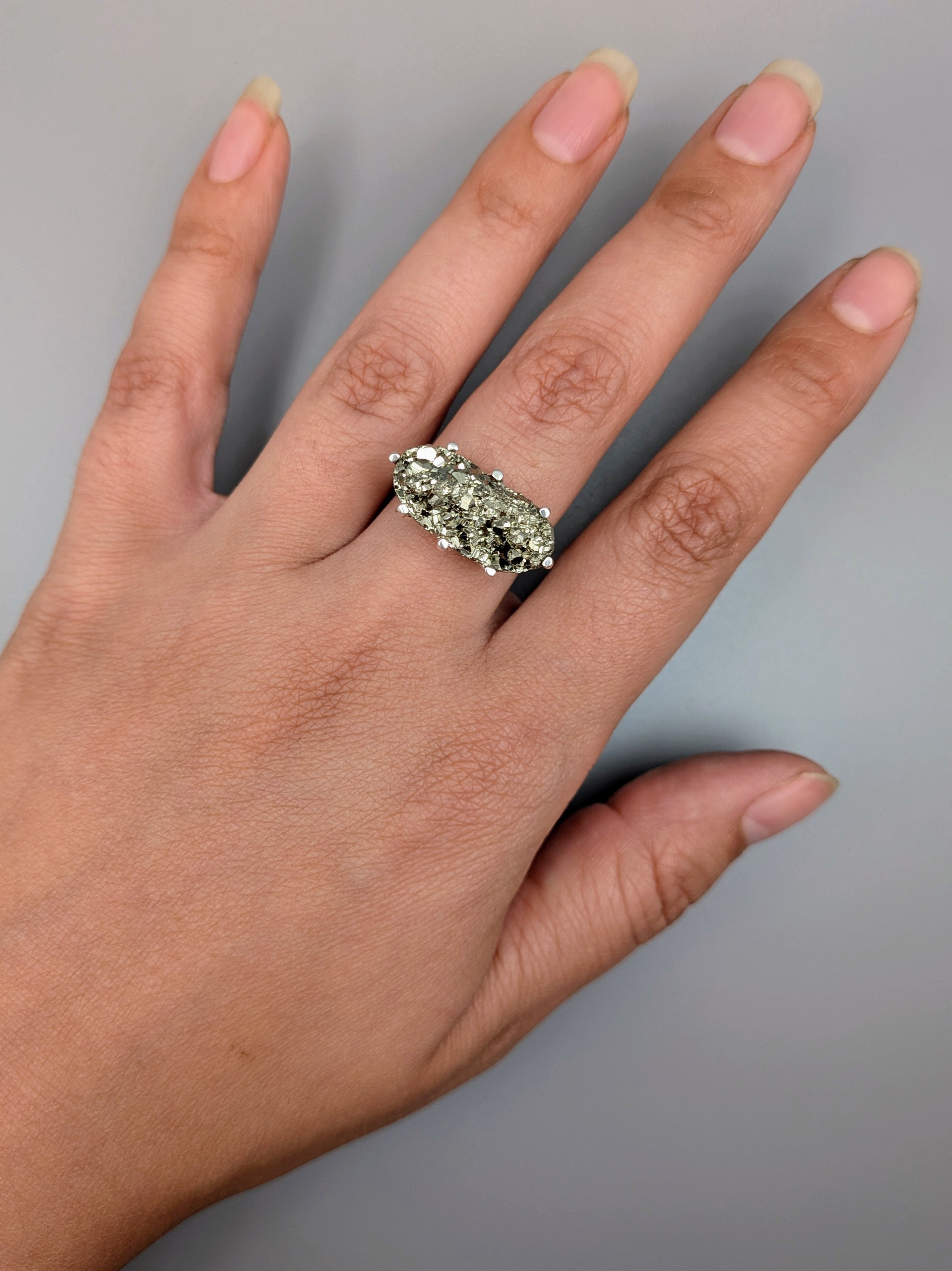 •PYRITE - BATTLESHIP• prong set silver ring (size 7.75)