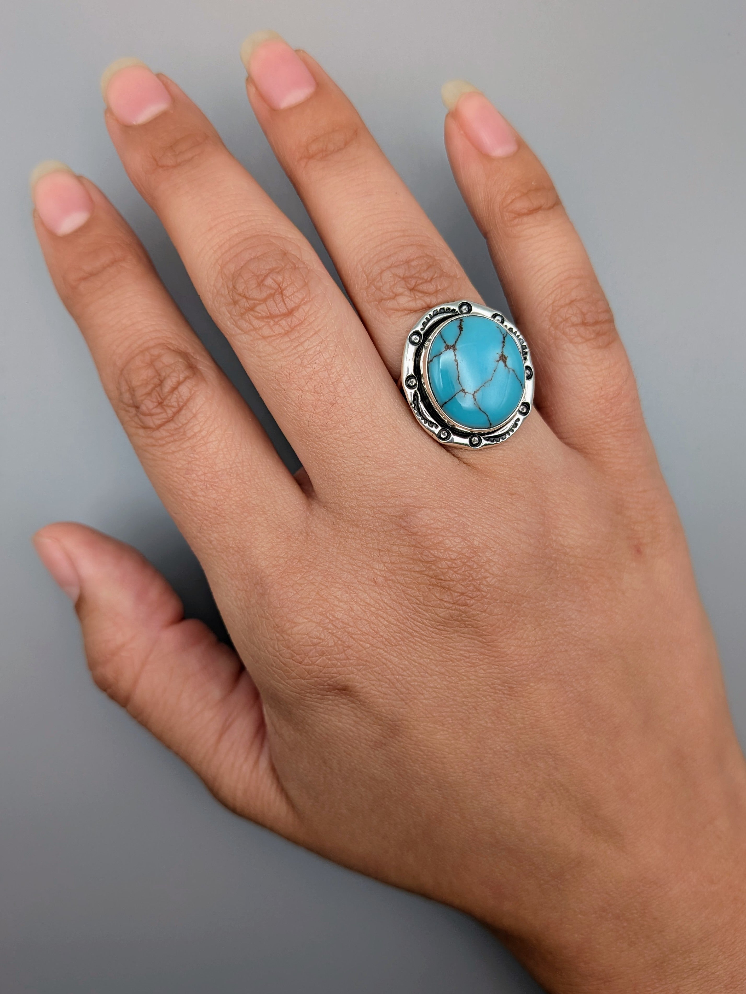 •EGYPTIAN TURQUOISE - SHÁ• Navajo silver ring (size 7)
