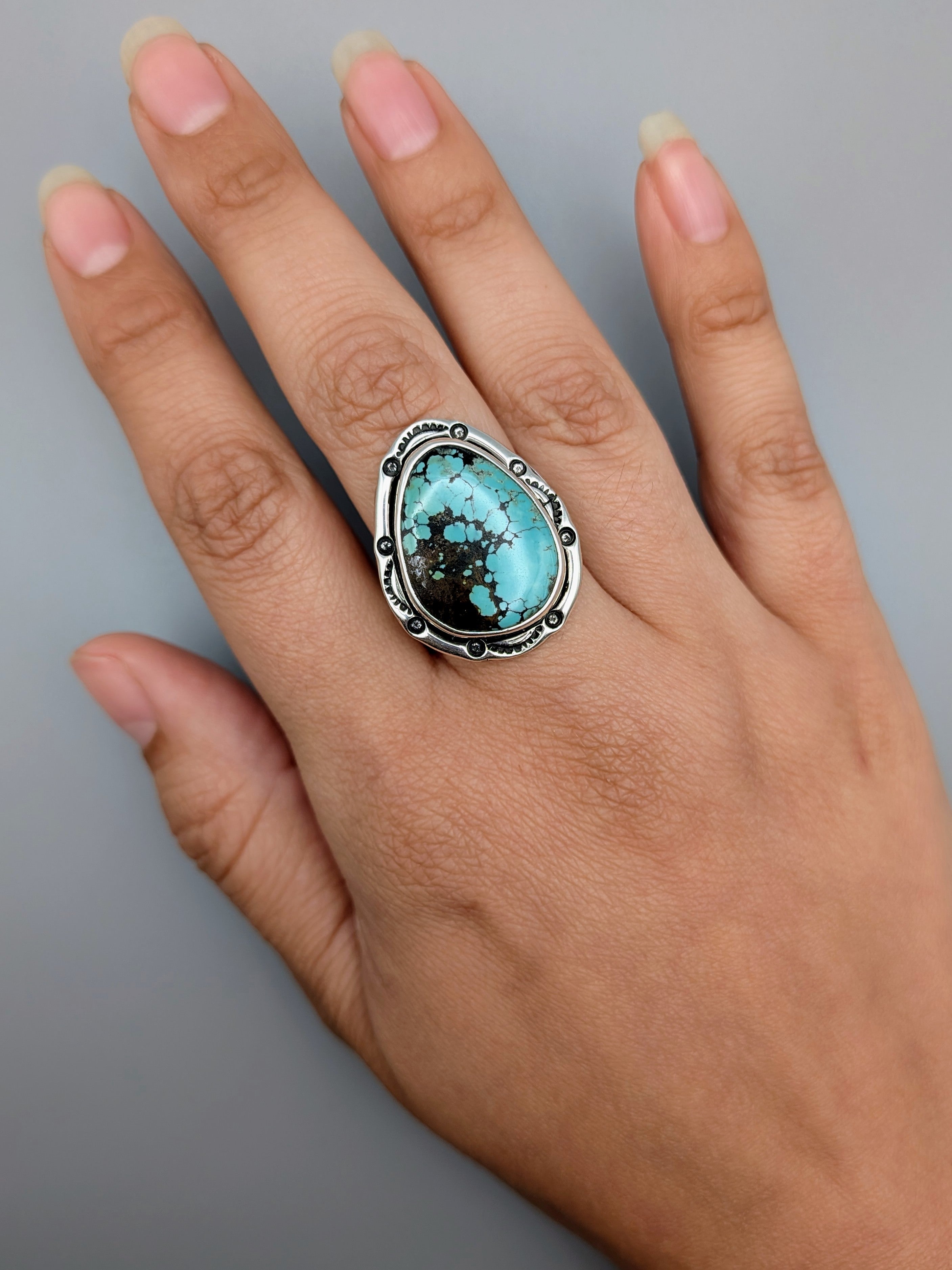 •CHINESE TURQUOISE - SHÁ• Navajo silver ring (size 9)