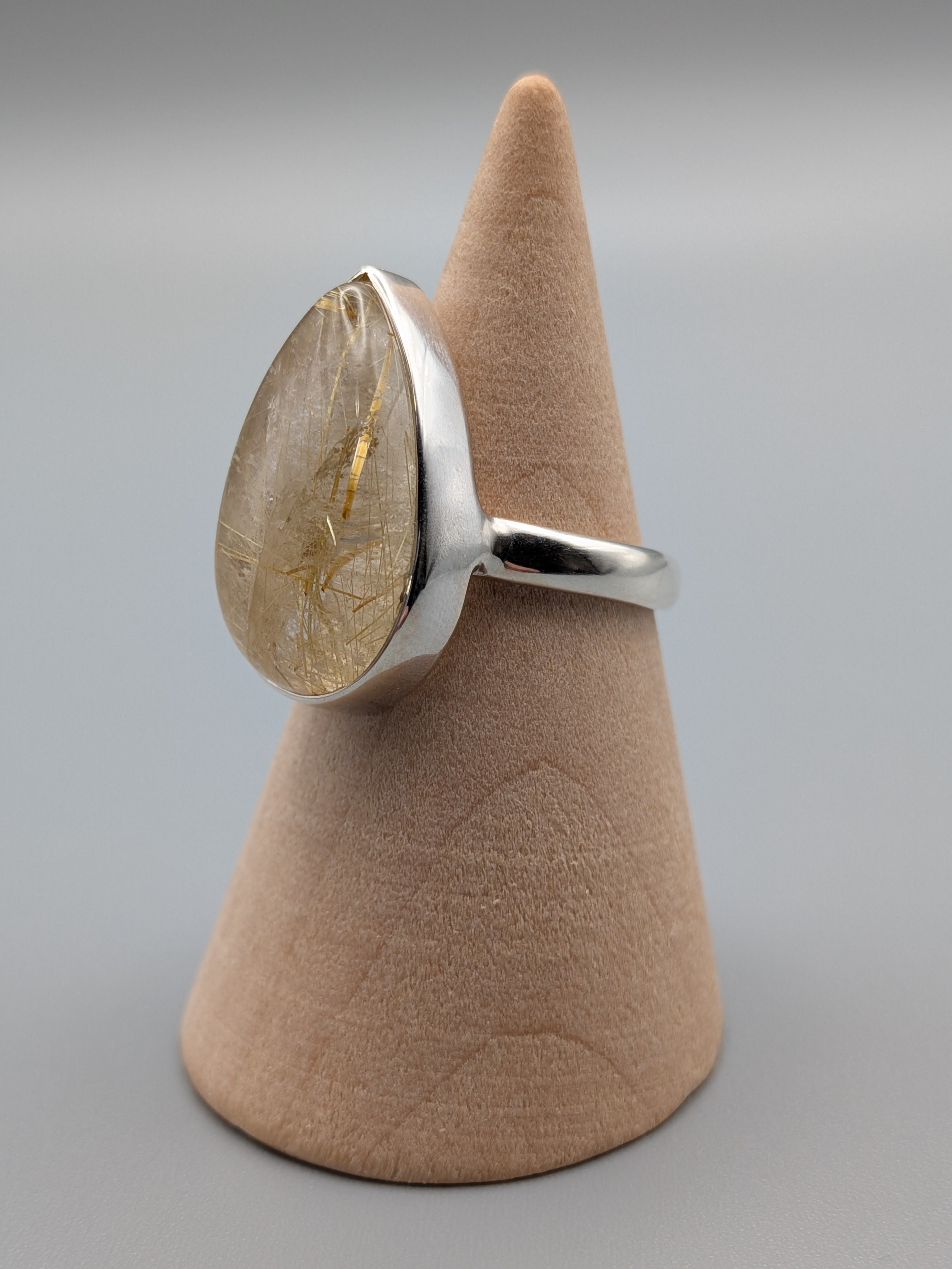 •RUTILATED QUARTZ - TEARDROP• simple bezel silver ring (size 7)