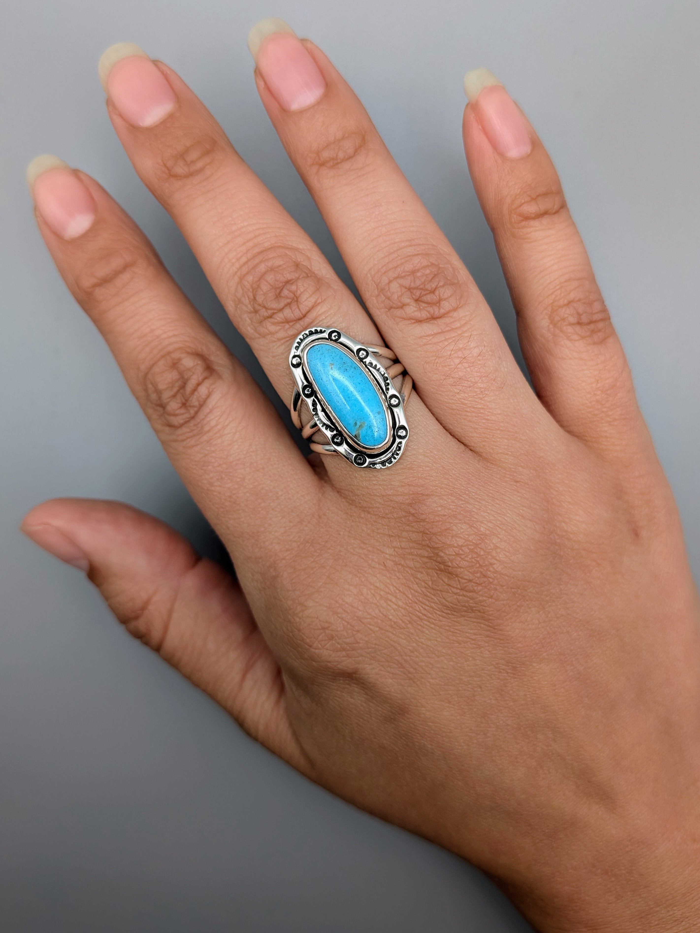 •KINGMAN TURQUOISE - SHÁ• Navajo silver ring (size 8.25)