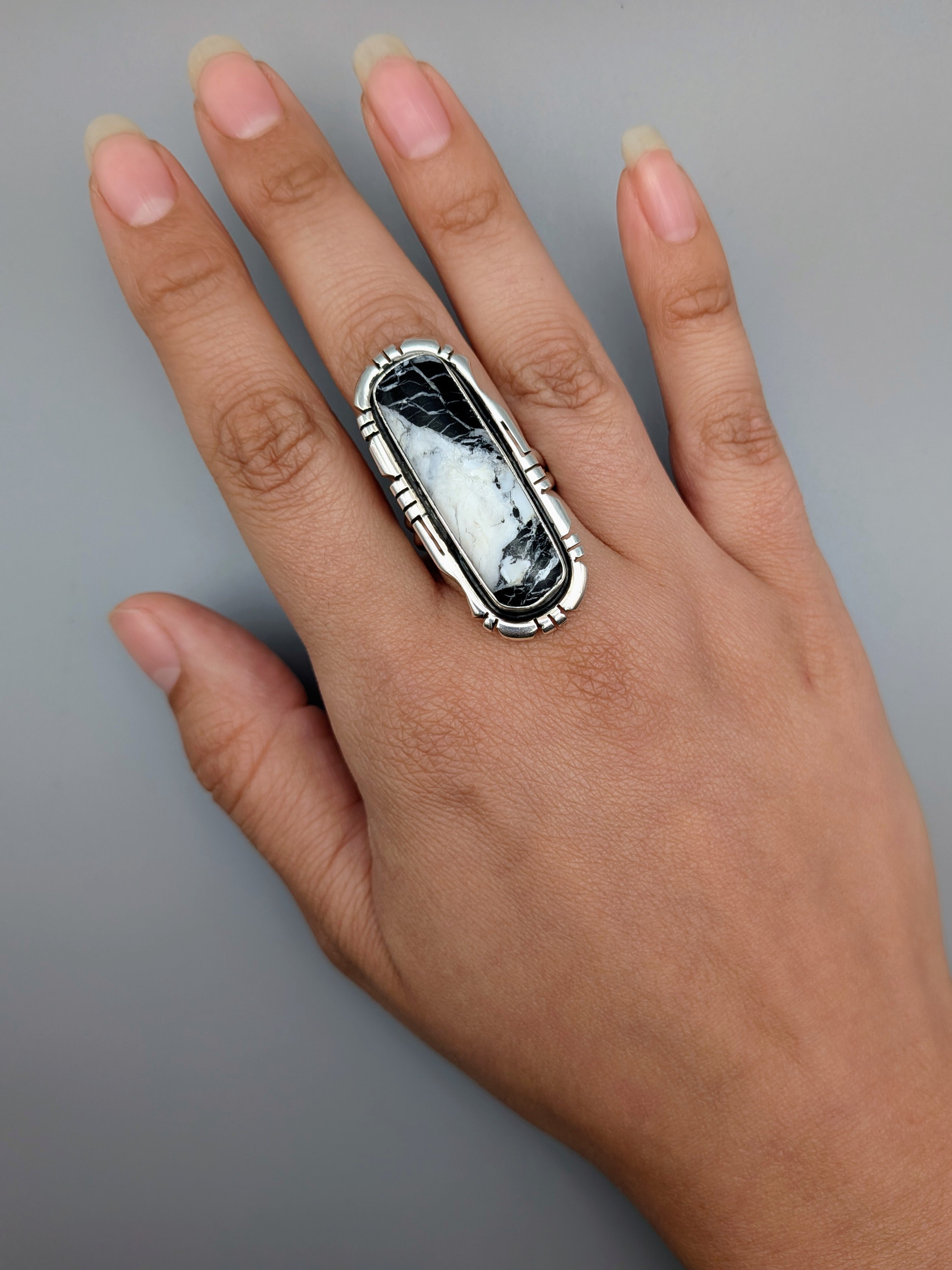 •WHITE BUFFALO TURQUOISE - STORM• Navajo adjustable silver ring