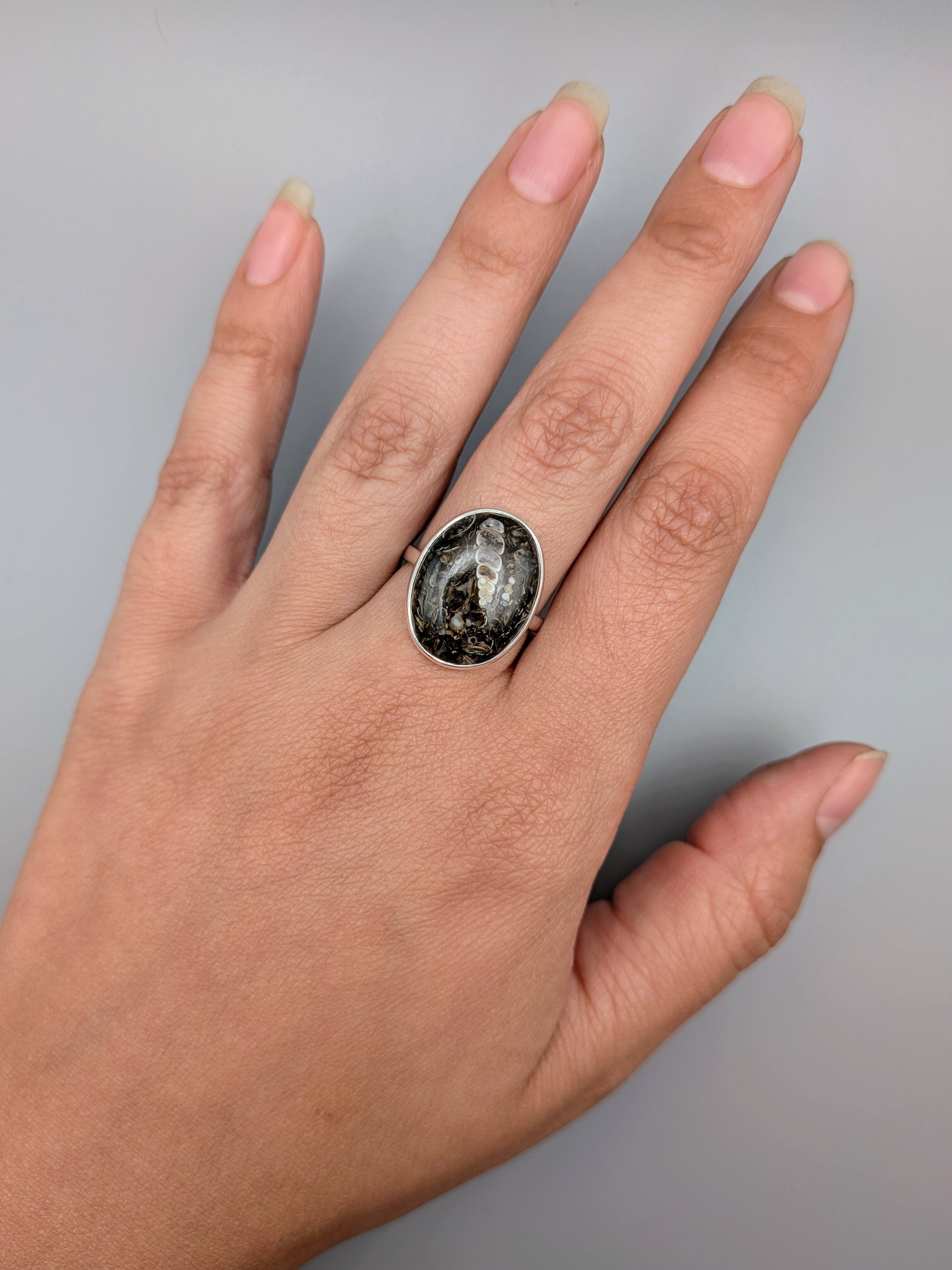 •TURRITELLA FOSSIL - OVAL• simple bezel silver ring (size 9)