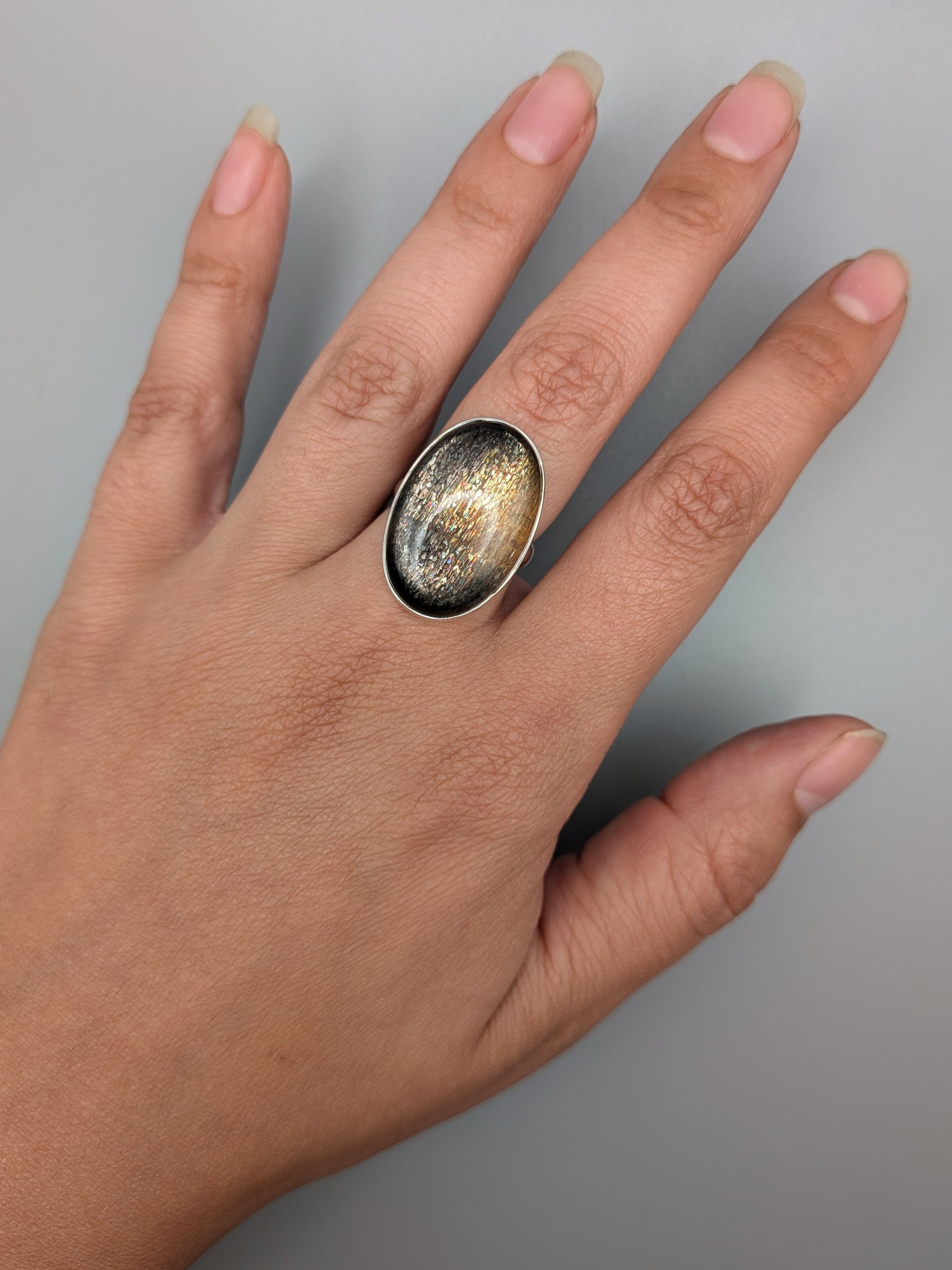 •SUN/MOONSTONE - OVAL• simple bezel silver ring (size 7.75)
