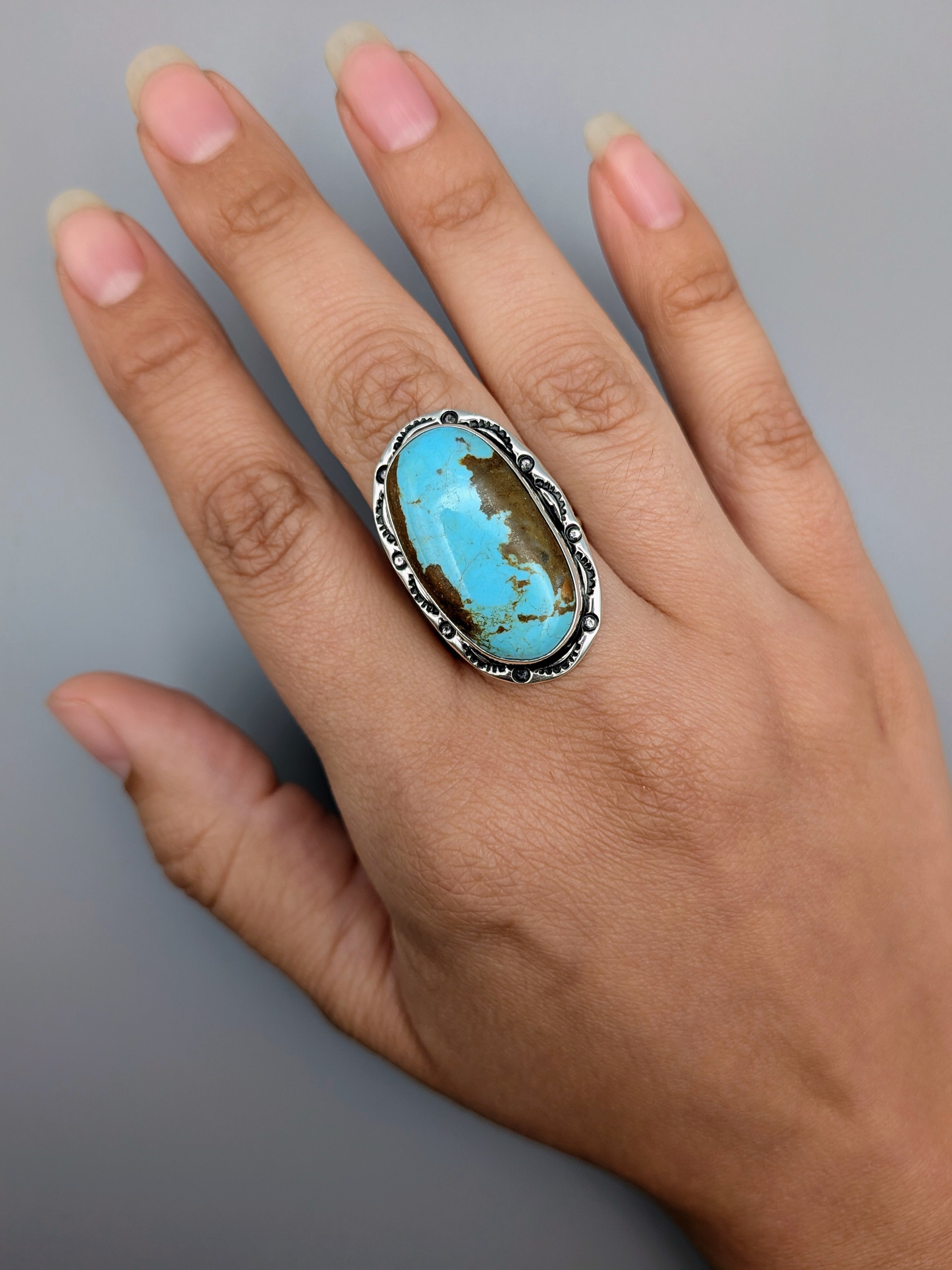 •#8 TURQUOISE - SHÁ• Navajo silver ring (size 9.25)