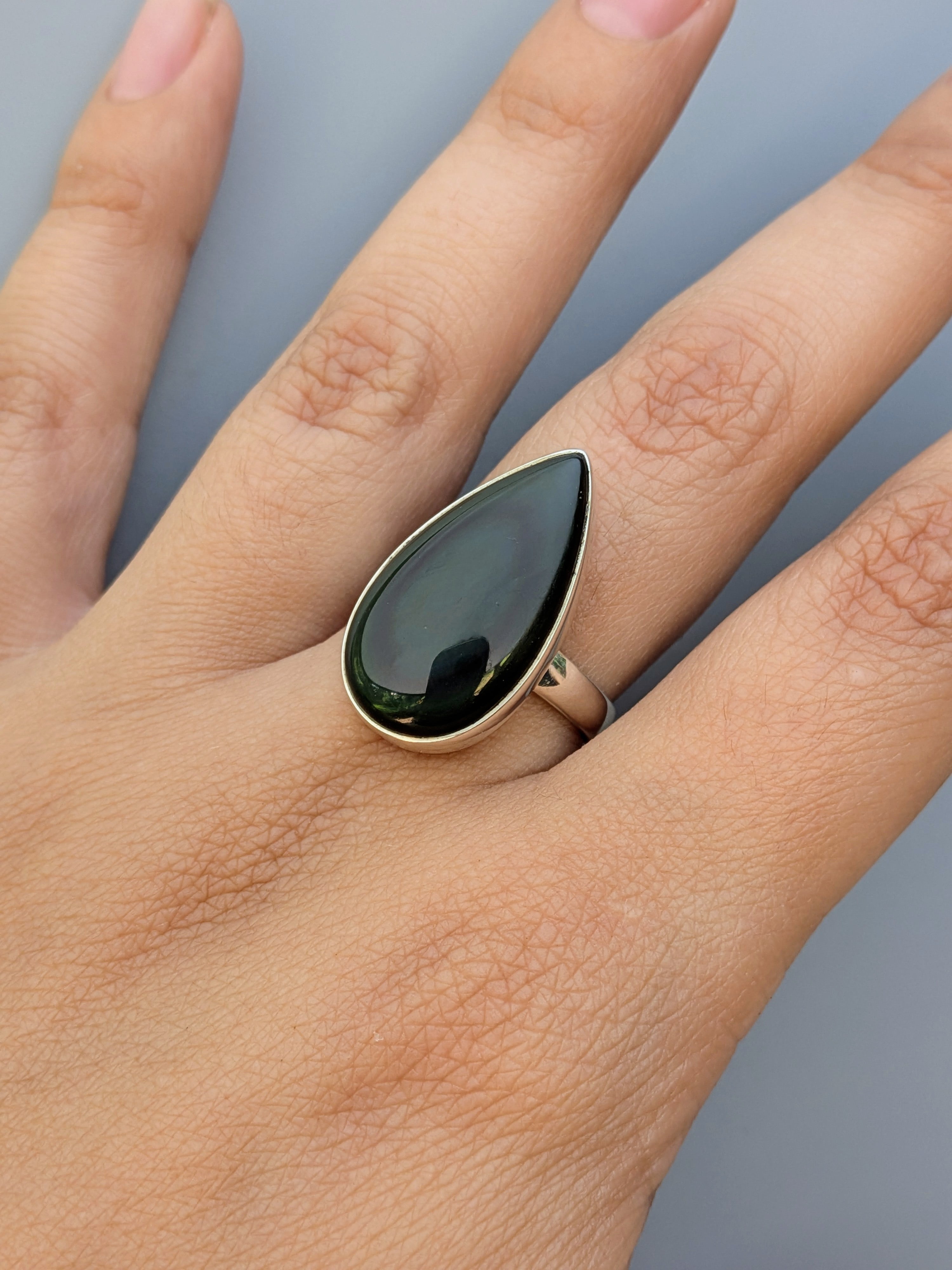•RAINBOW OBSIDIAN - TEARDROP• simple bezel silver ring (size 8.75)